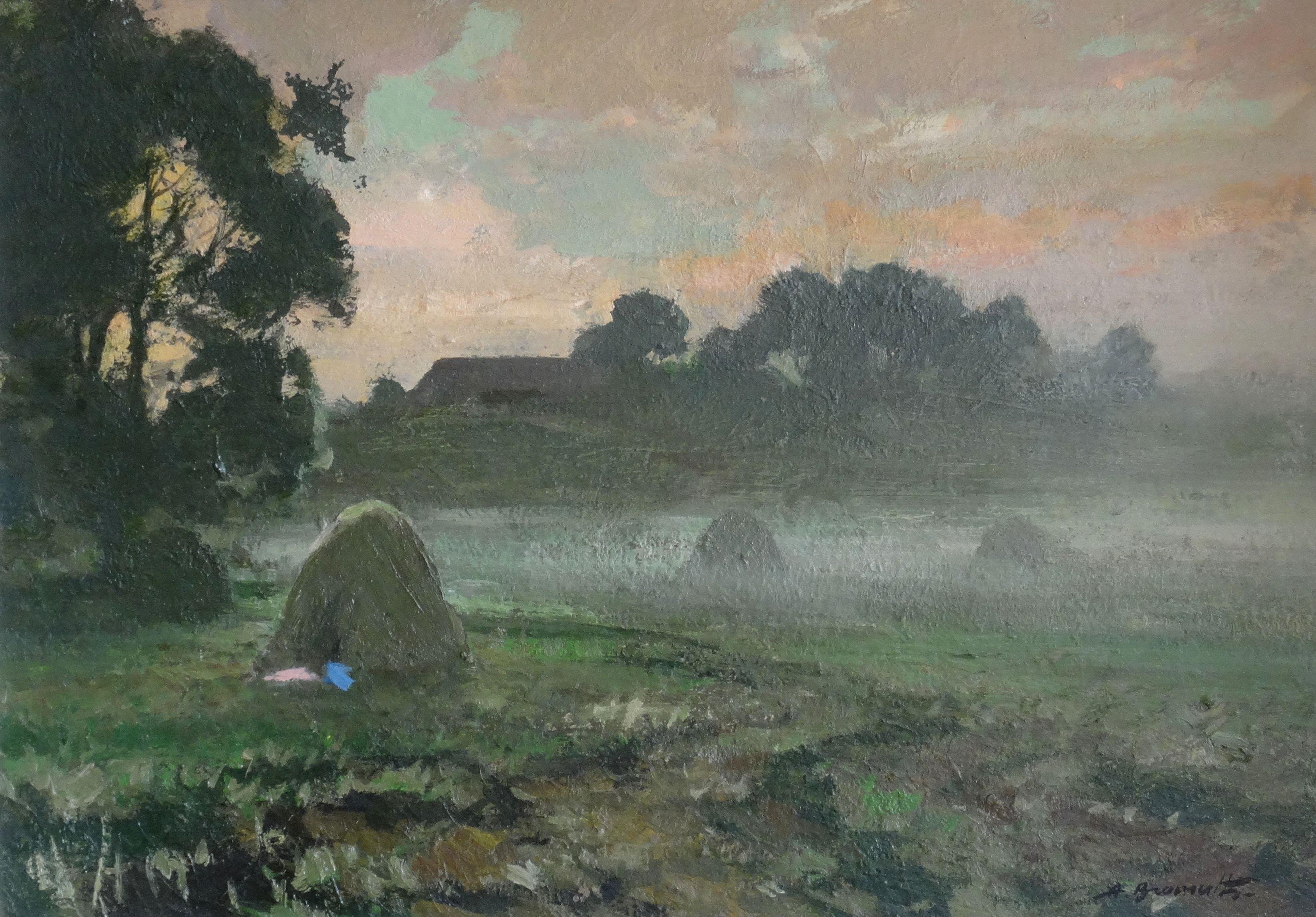 Morning fog. 1975., cardboard, oil, 49x69 cm For Sale 2