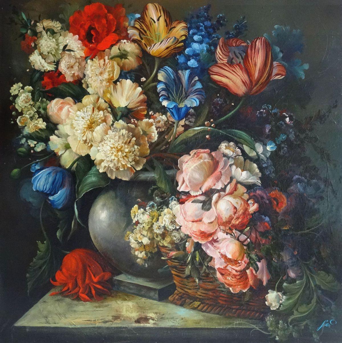 Arturs Amatnieks (Leon)  Still-Life Painting - Still life with roses and tulips. 2018. Canvas, oil, 120.5x120.5 cm