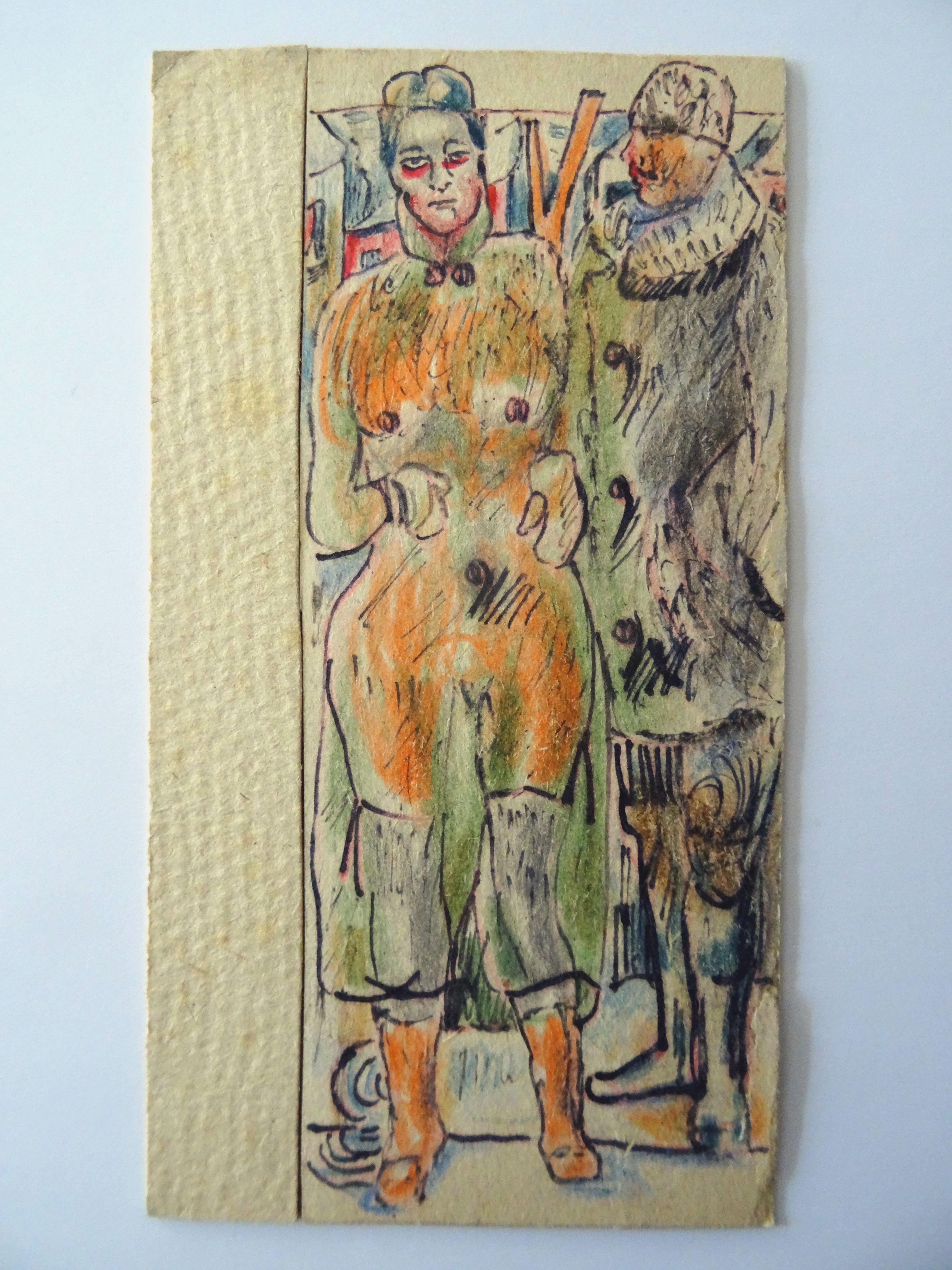 Mr. Millerson mit Frau 1959. Papier, gemischte Medien, 16x6,5 cm – Painting von Adolfs Zardins