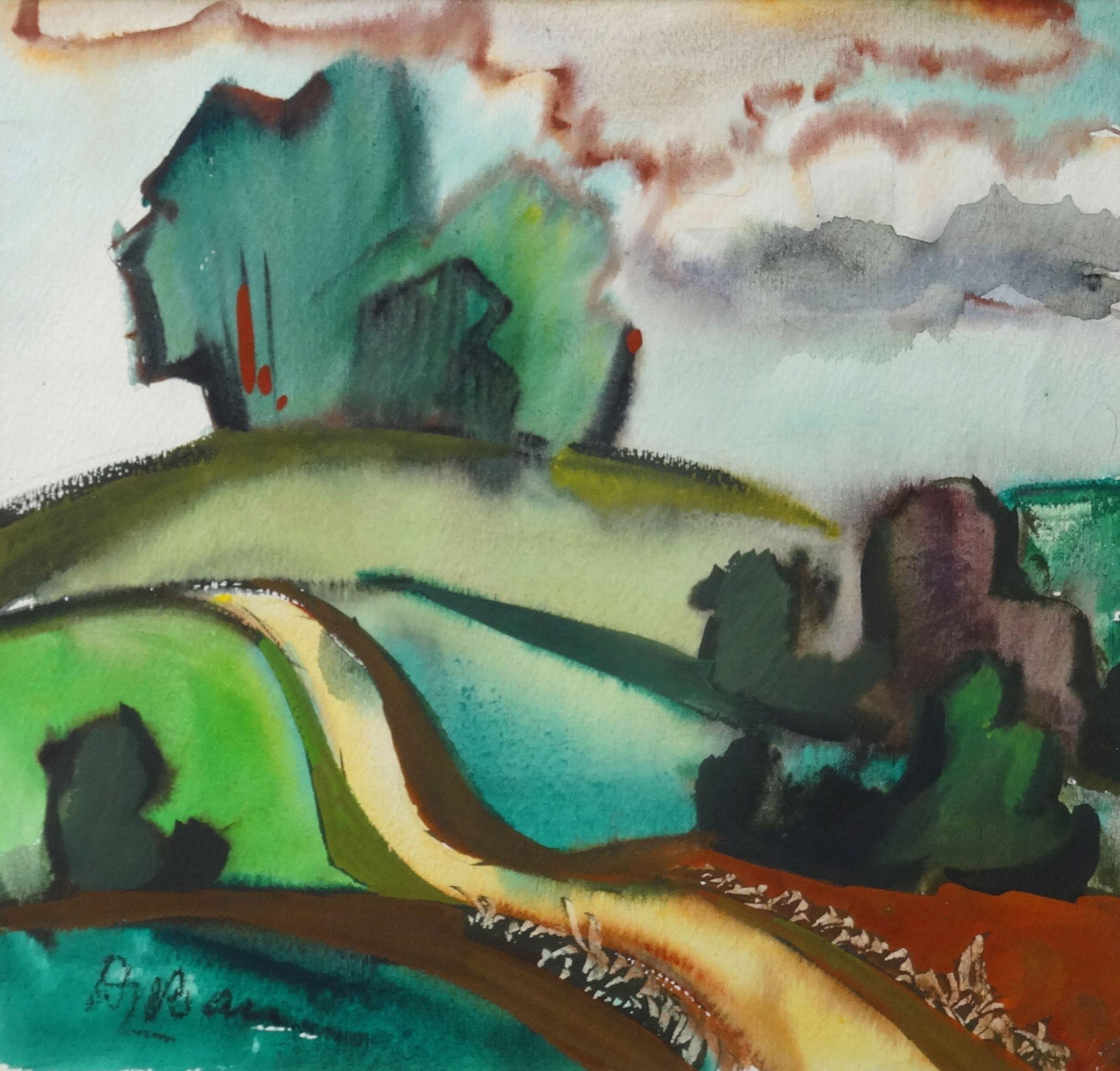 Dzidra Bauma Landscape Painting - Countryside. 1990. Paper, watercolor, 28x30 cm