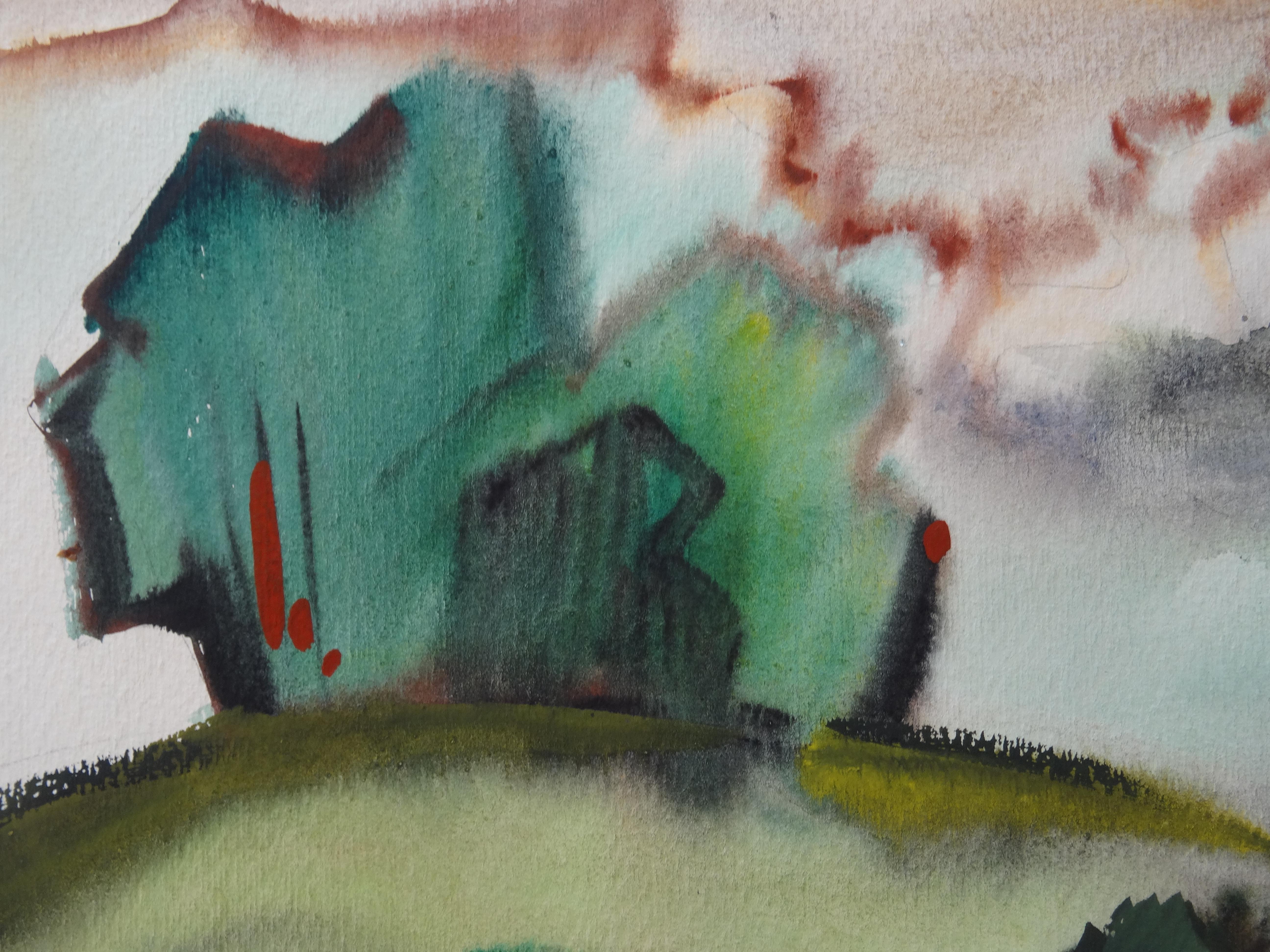 Countryside. 1990. Paper, watercolor, 28x30 cm - Expressionist Painting by Dzidra Bauma