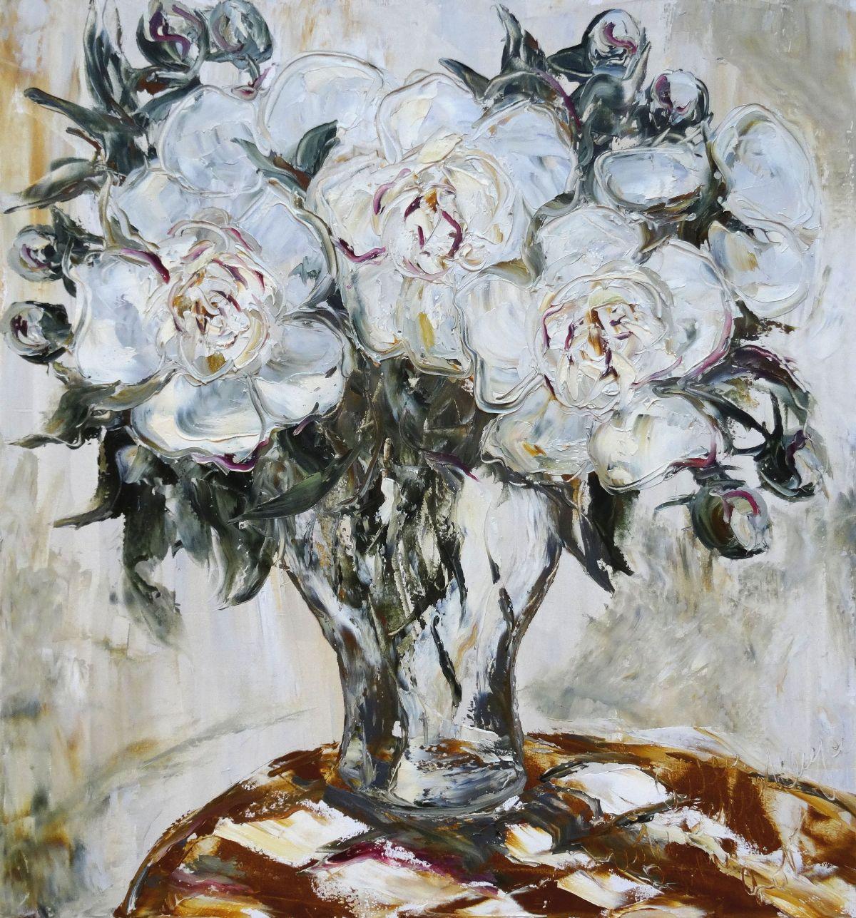 Alla Preobrazhenskaya  Still-Life Painting - White peonies. 2015. Oil on canvas, 70x75cm