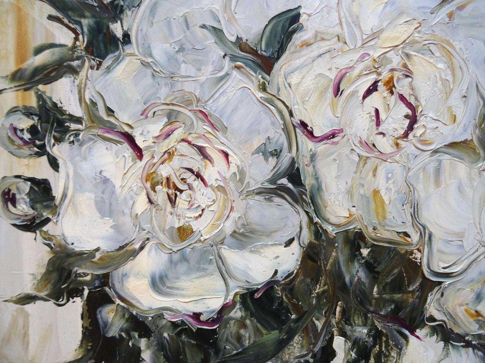 White peonies. 2015. Oil on canvas, 70x75cm - Contemporary Painting by Alla Preobrazhenskaya 