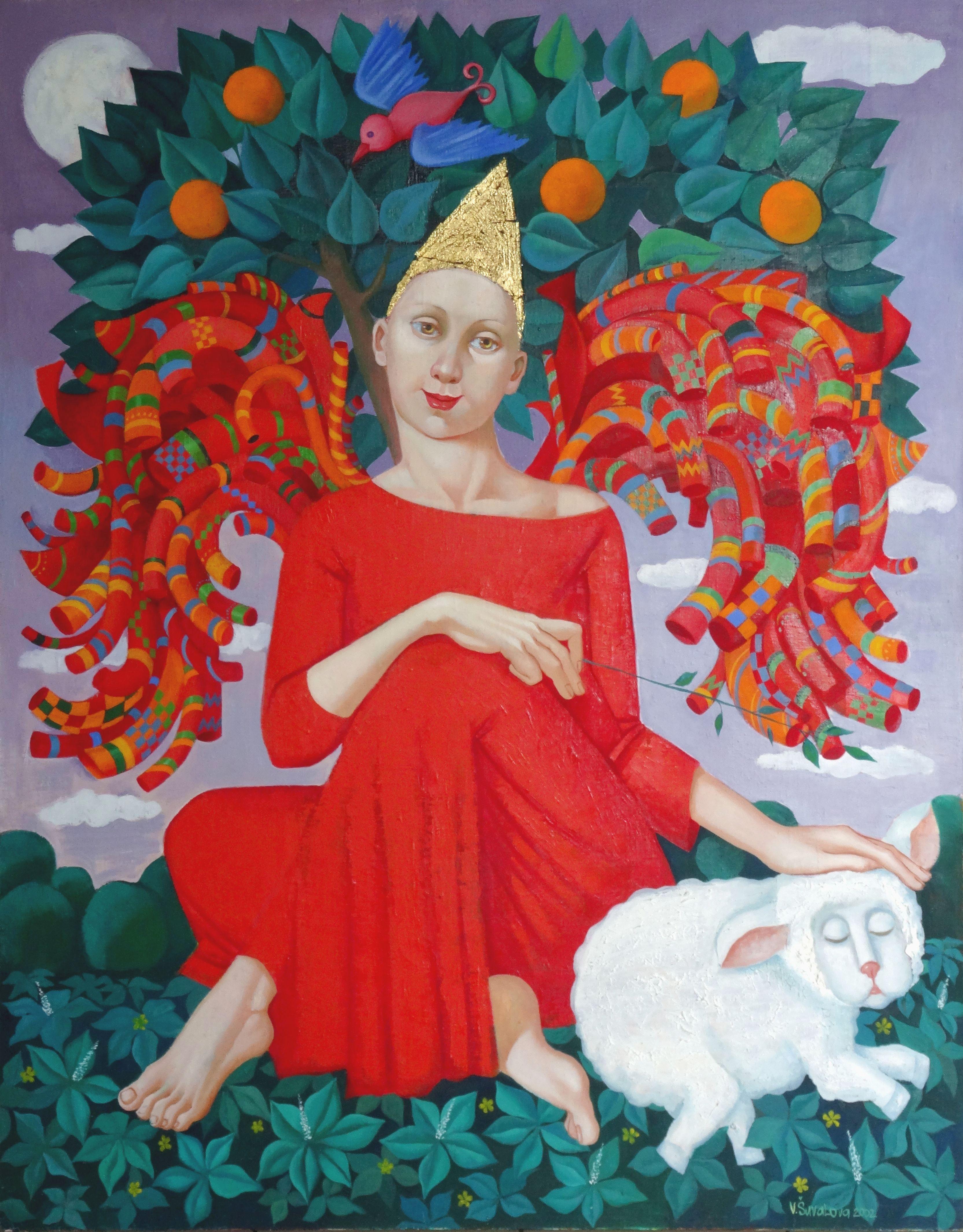 Lebensbaum. Angel in rotem Kleid mit Lamm. 2002, Leinwand, Öl, 140x110 cm
