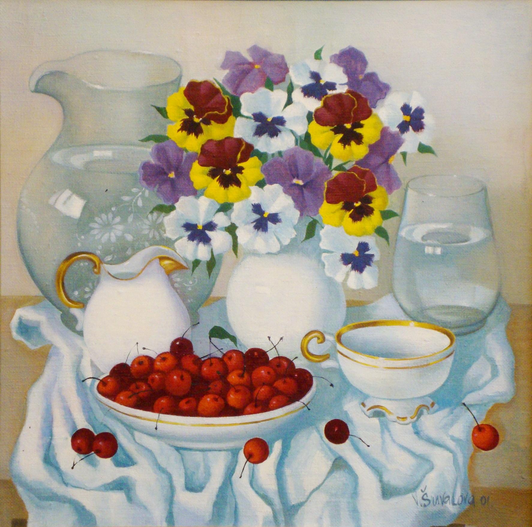 Valeria Shuvalova Still-Life Painting - Still life with cherries. 2001, canvas, oil, 50x50.5 cm