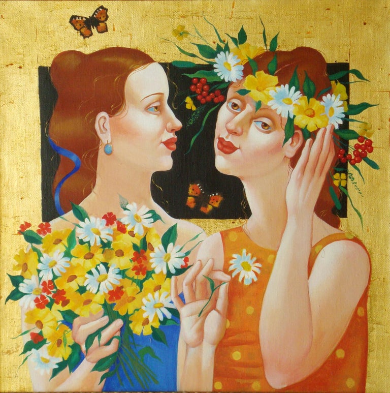 Valeria Shuvalova Figurative Painting - Girl with wild flowers. 2002, canvas, oil, 64x64 cm