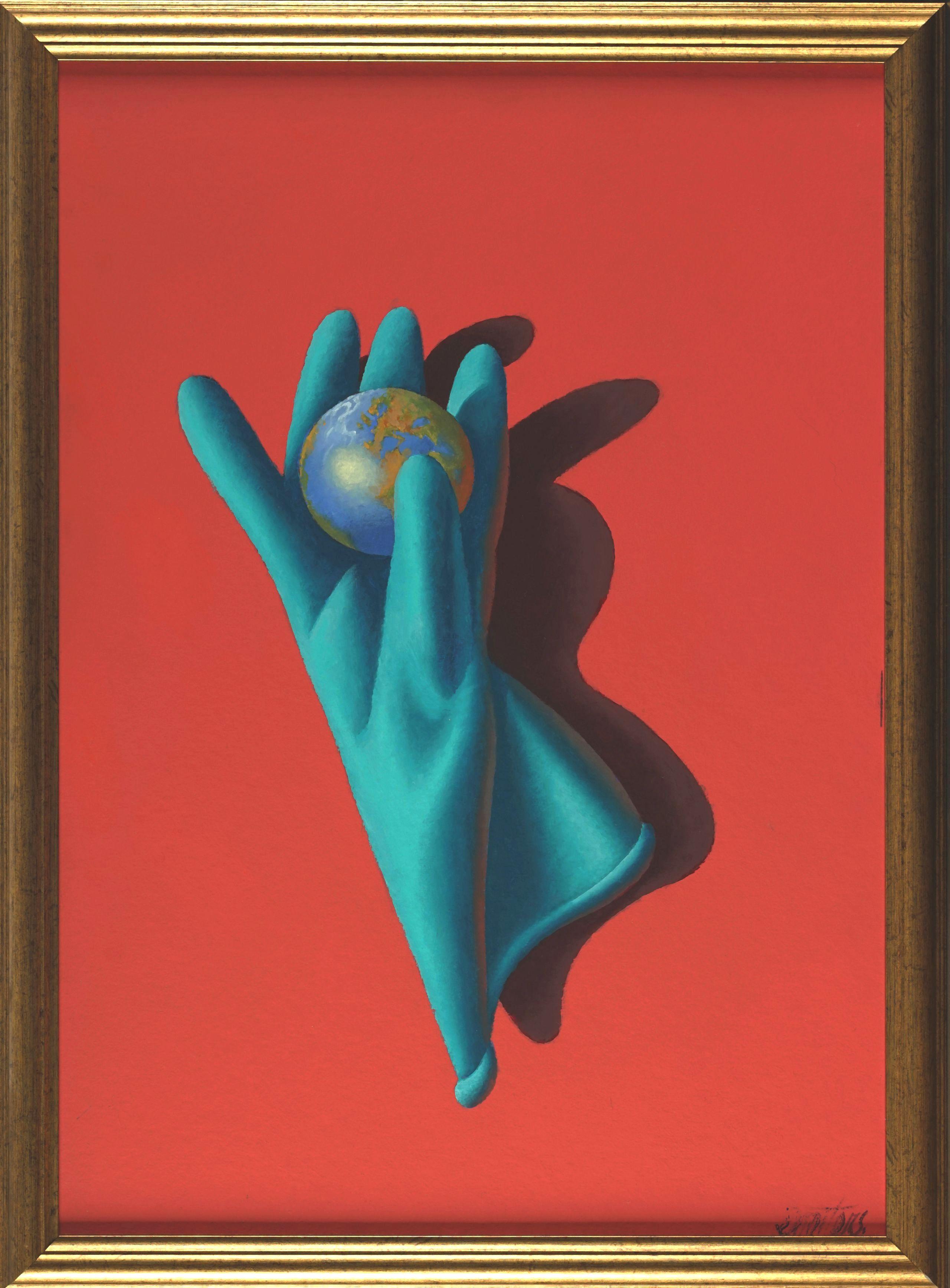 Juris Dimiters Still-Life Painting – Gentle Hände, die Welt beherrschen. 2020. Segeltuch, Karton, Öl, 60x42 cm