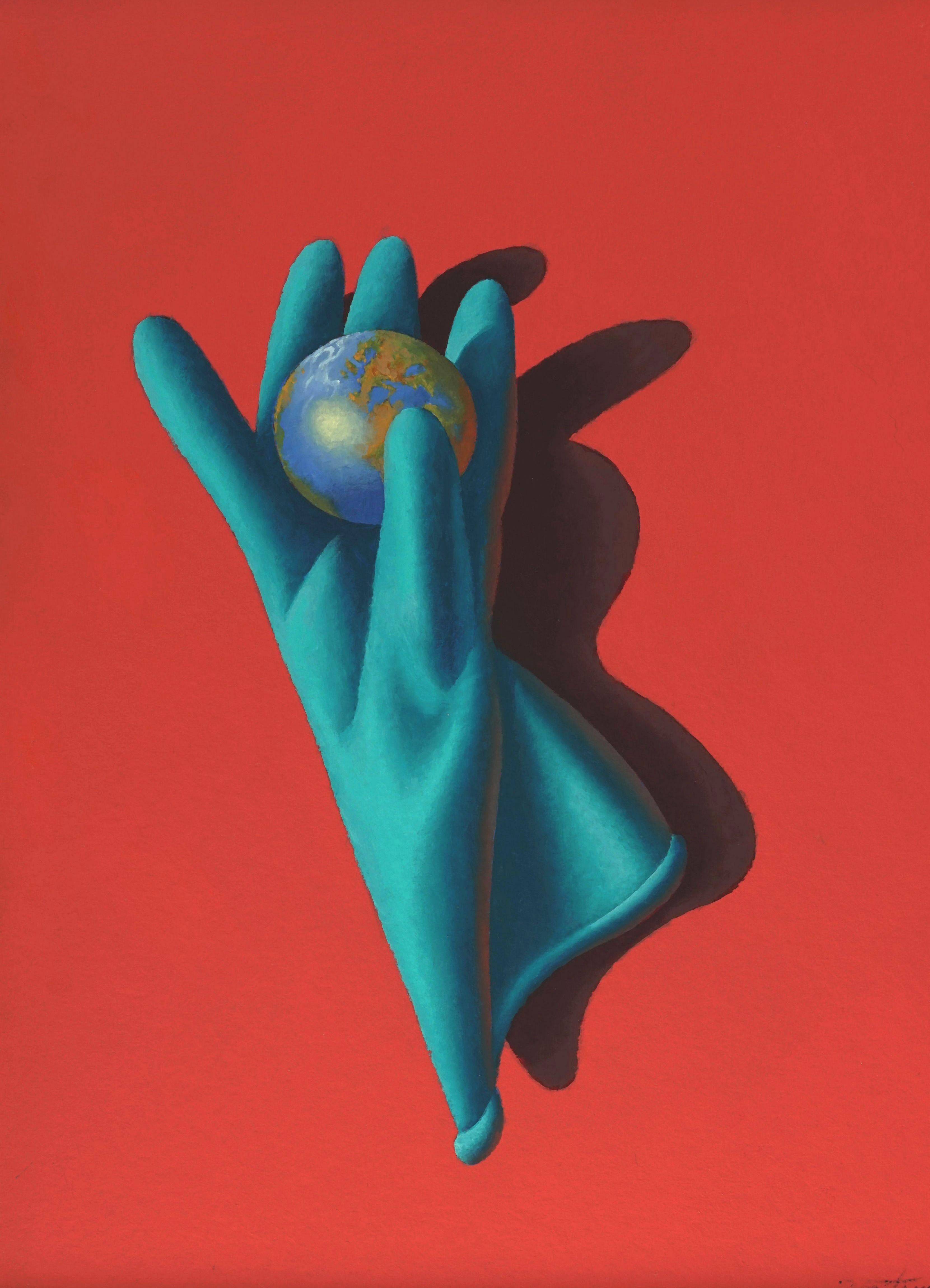 Gentle Hände, die Welt beherrschen. 2020. Segeltuch, Karton, Öl, 60x42 cm – Painting von Juris Dimiters