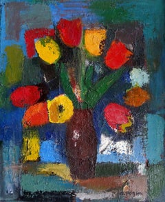 Vintage Bouquet of tulips. 1980. Oil on canvas, 65, 5x54 cm