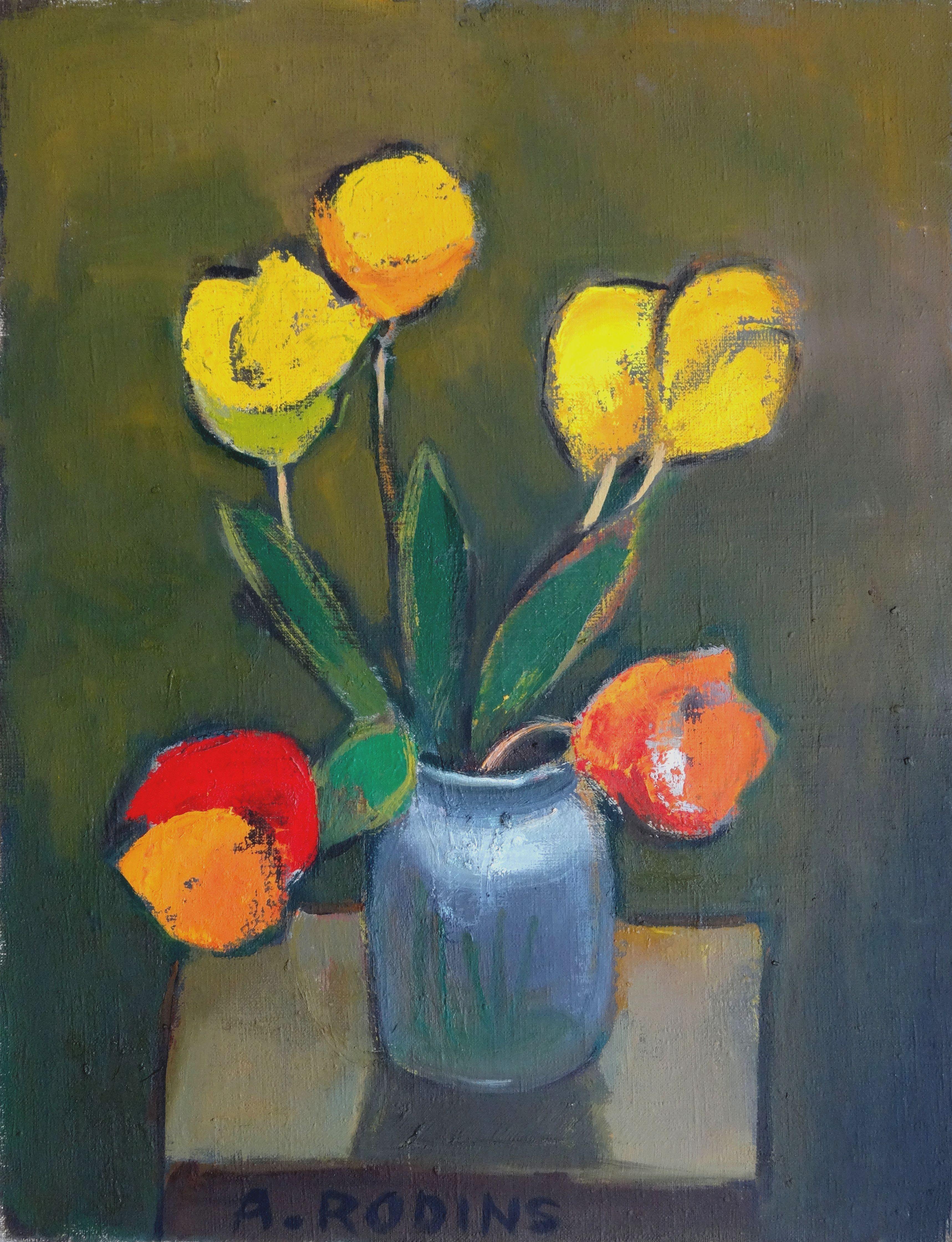 Die sieben Tulpen sind mit einer Spitze versehen. Ölgemälde auf Leinwand, 65x51 cm