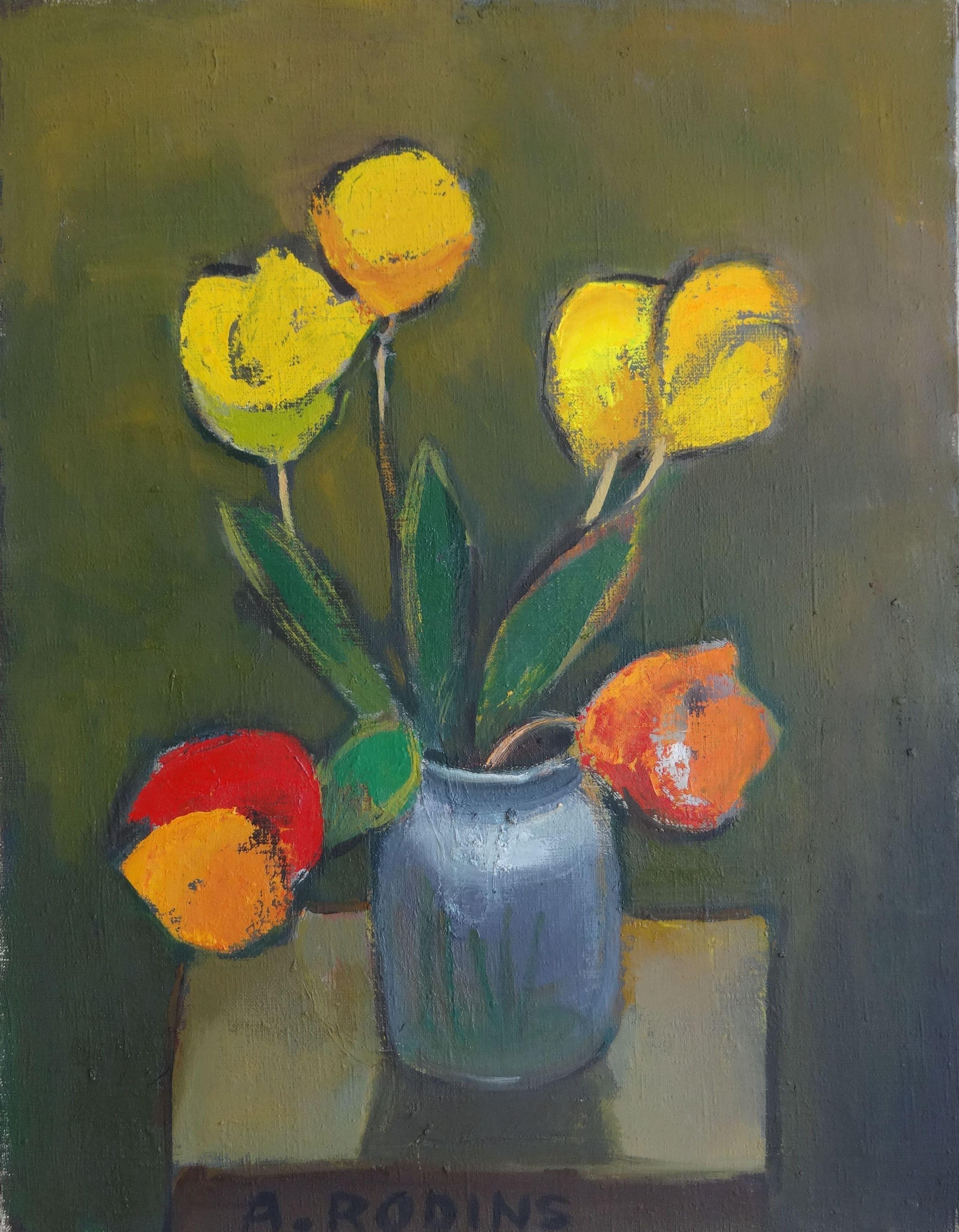 Sette tulipani. Olio su tela, 65x51 cm - Painting Espressionista di Aleksandr Rodin