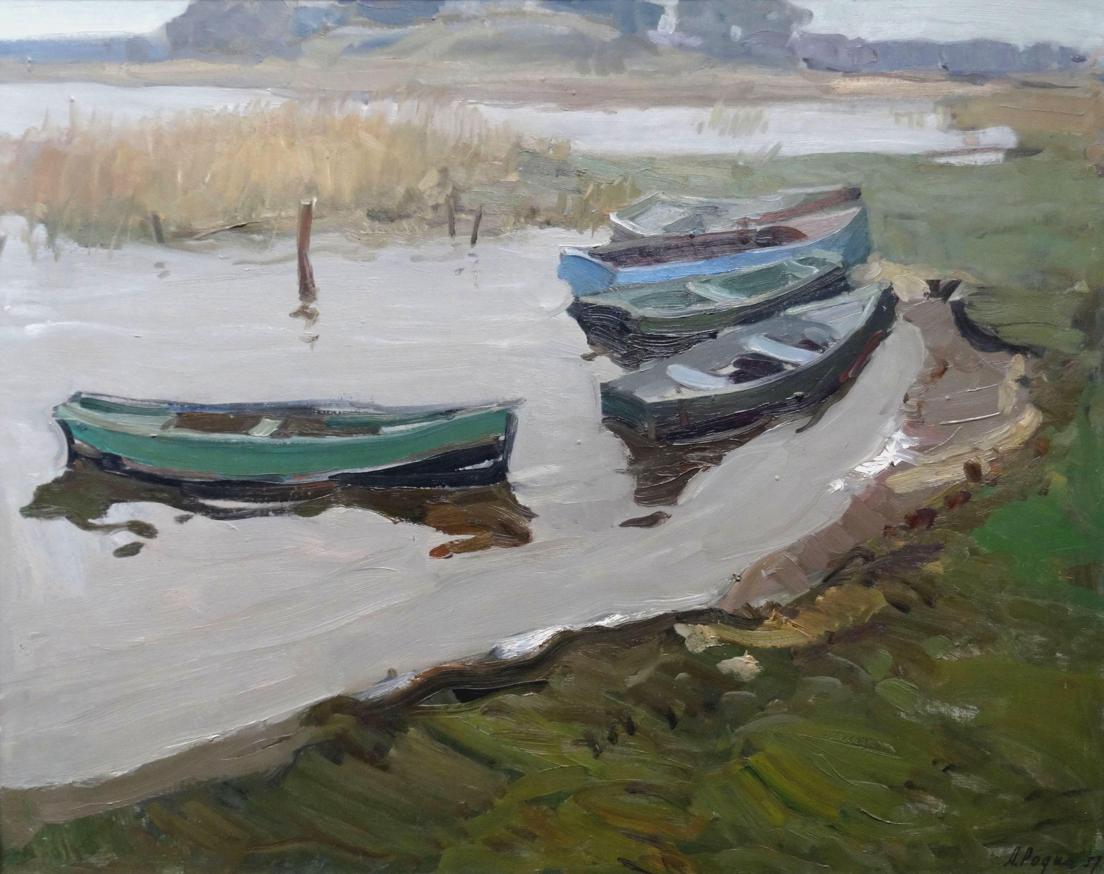 Aleksandr Rodin Landscape Painting - Boats on the shore of the lake. 1957. Oil on cardboard, 78x98 cm