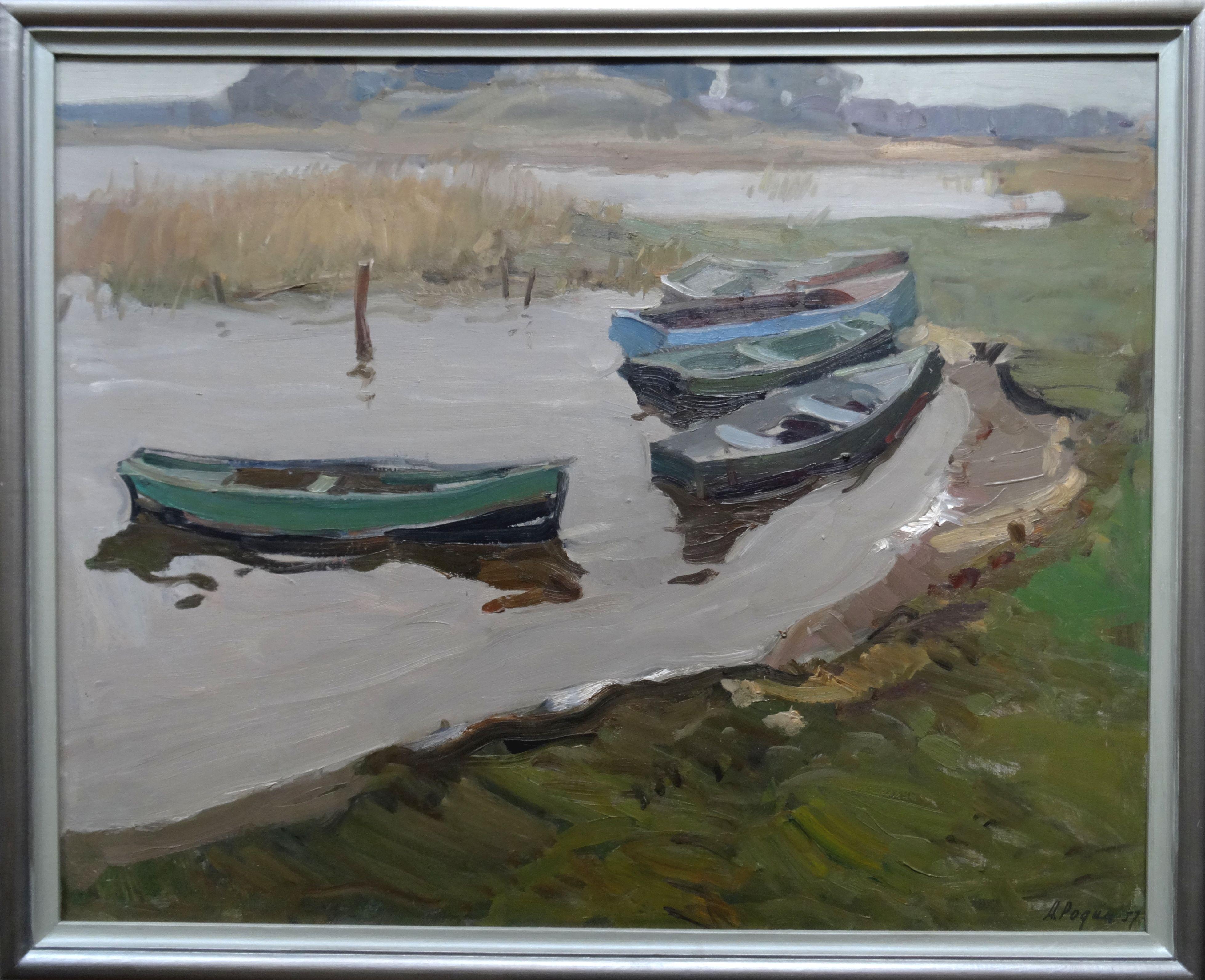 Boats on the shore of the lake. 1957. Oil on cardboard, 78x98 cm 1