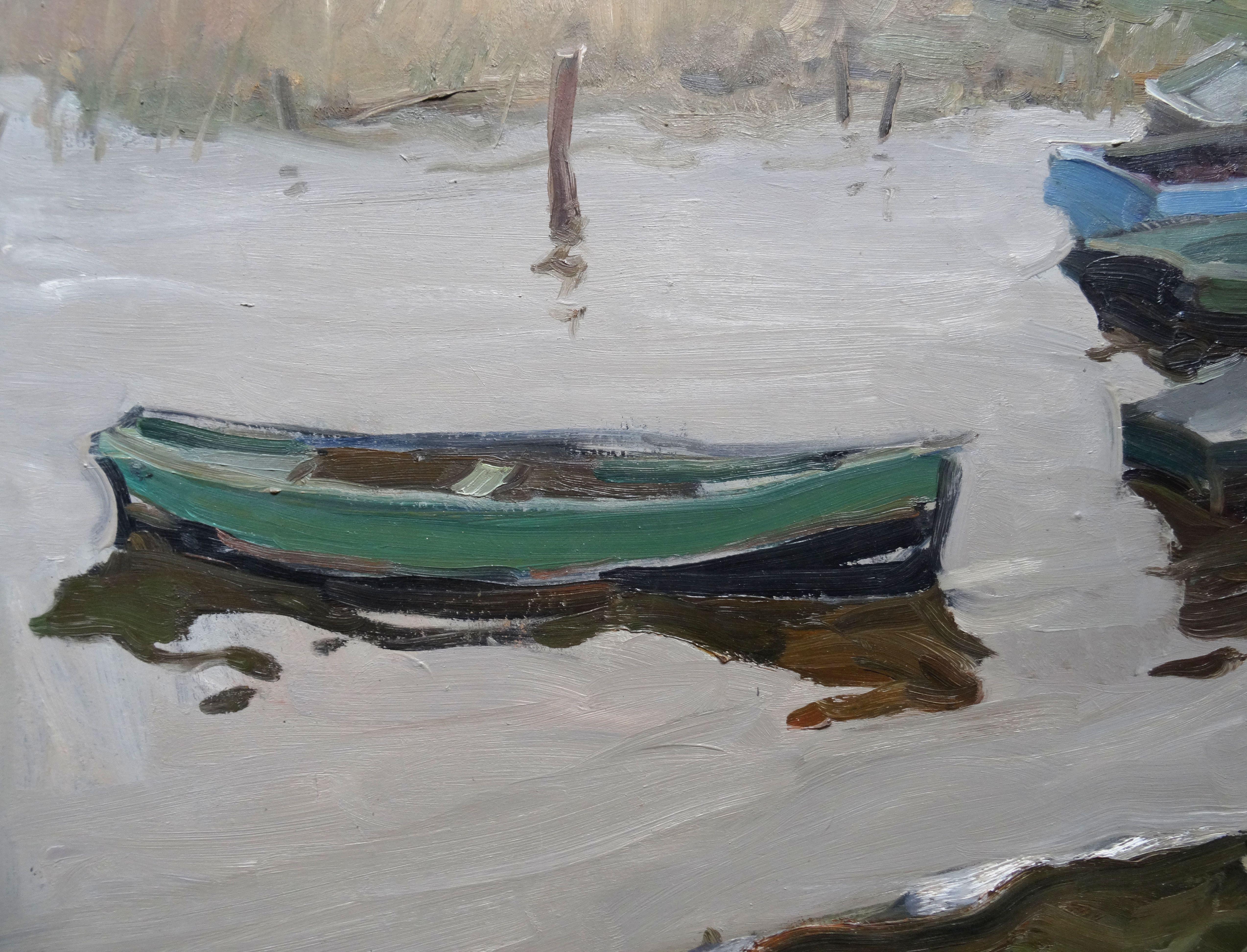 Boats on the shore of the lake. 1957. Oil on cardboard, 78x98 cm - Expressionist Painting by Aleksandr Rodin