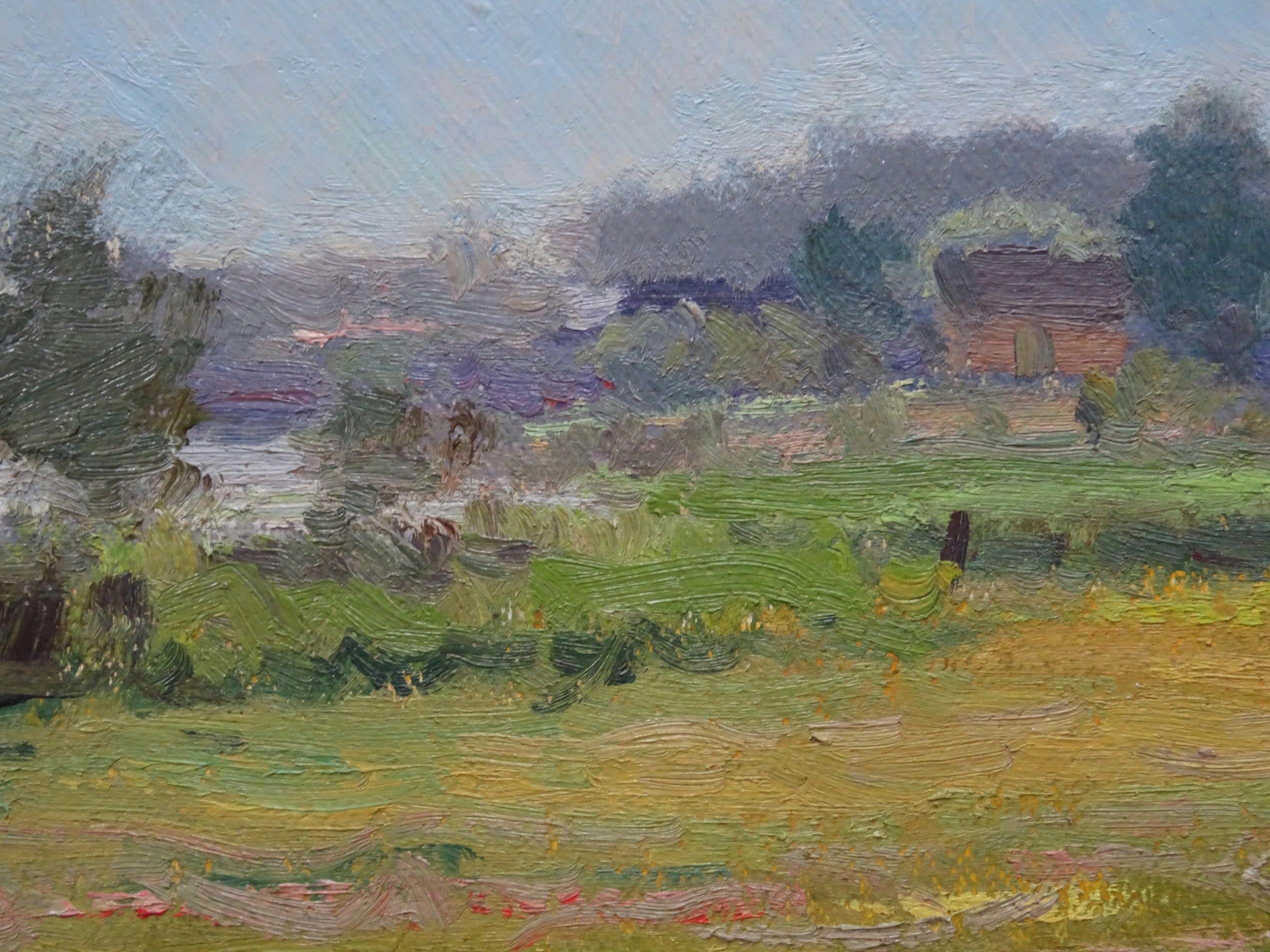 Outskirts of town, 1959, Öl auf Karton, 44x54 cm (Grau), Landscape Painting, von Alfejs Bromults