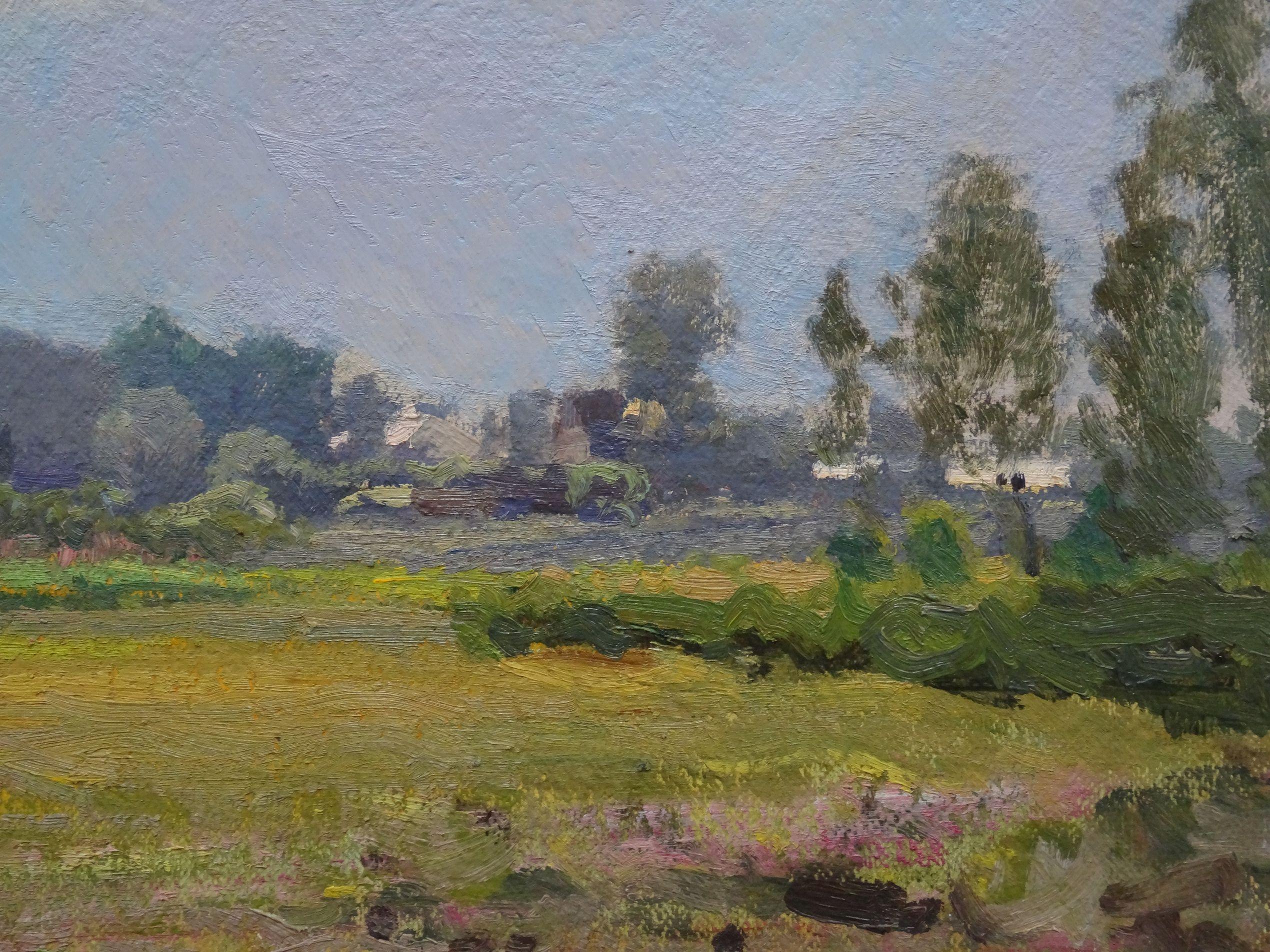 Outskirts of town. 1959, oil on cardboard, 44x54 cm - Realist Painting by Alfejs Bromults