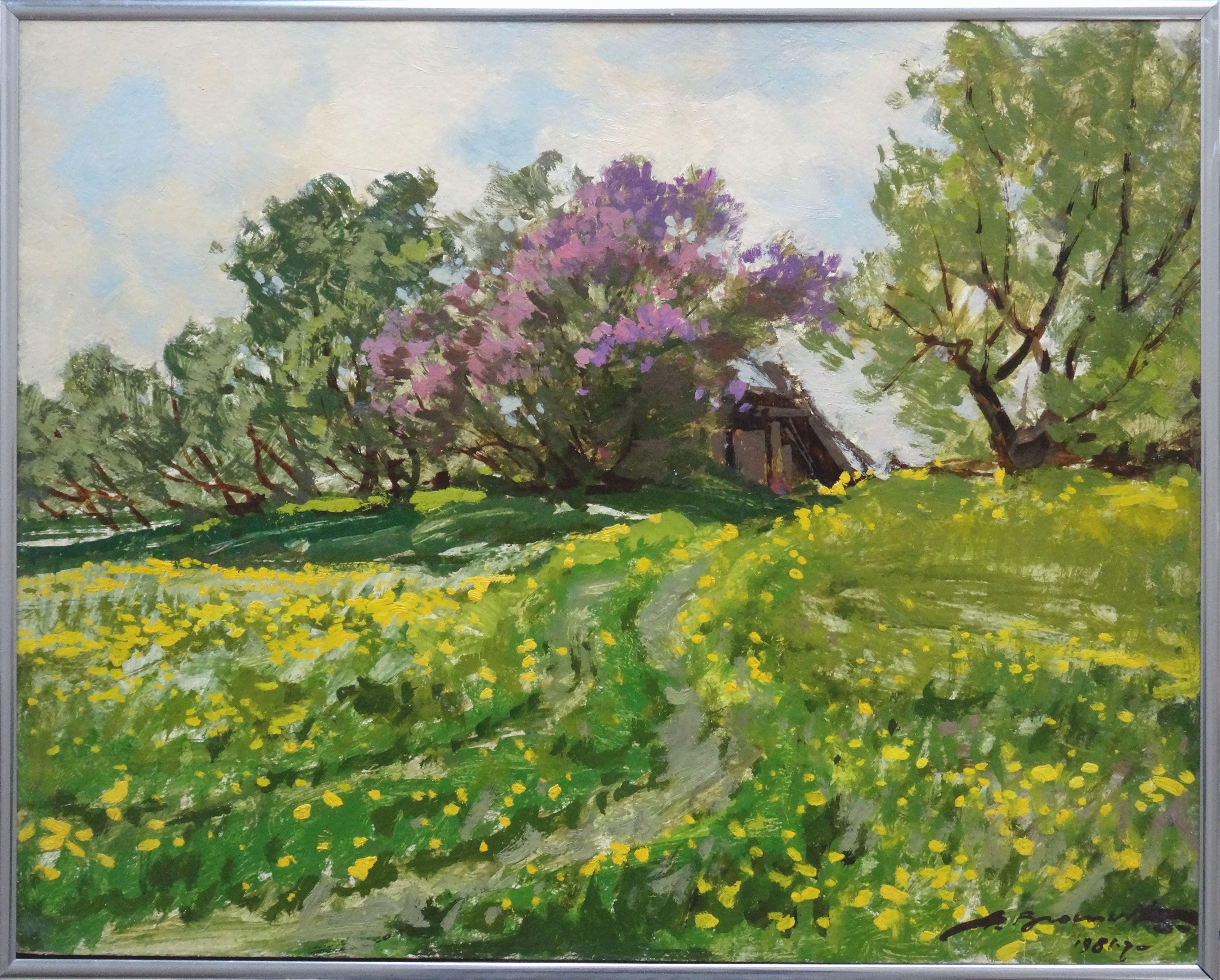 Die Blütenblätter sind blühend. 1981. Öl auf Karton, 40x50 cm – Painting von Alfejs Bromults
