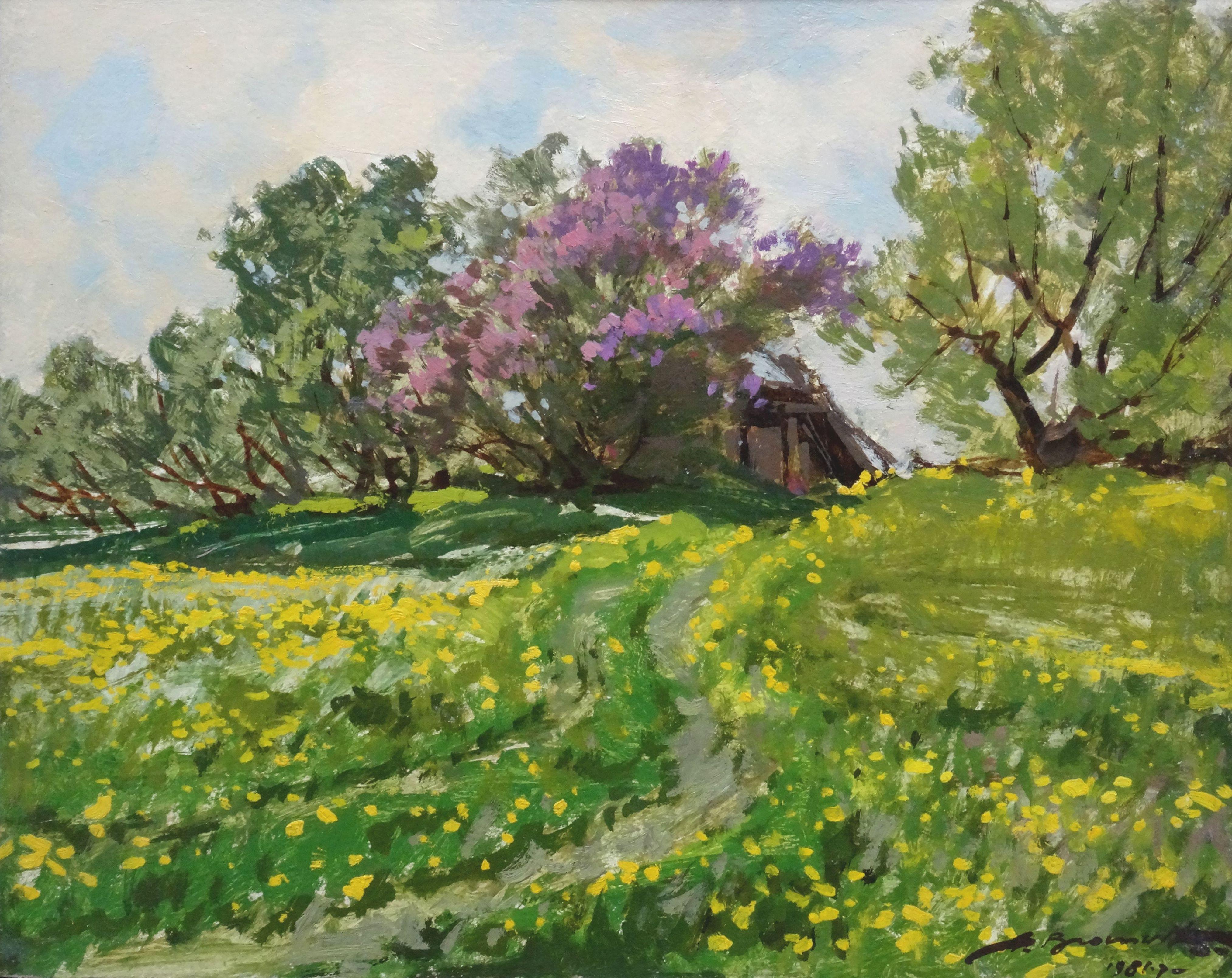 Alfejs Bromults Landscape Painting – Die Blütenblätter sind blühend. 1981. Öl auf Karton, 40x50 cm