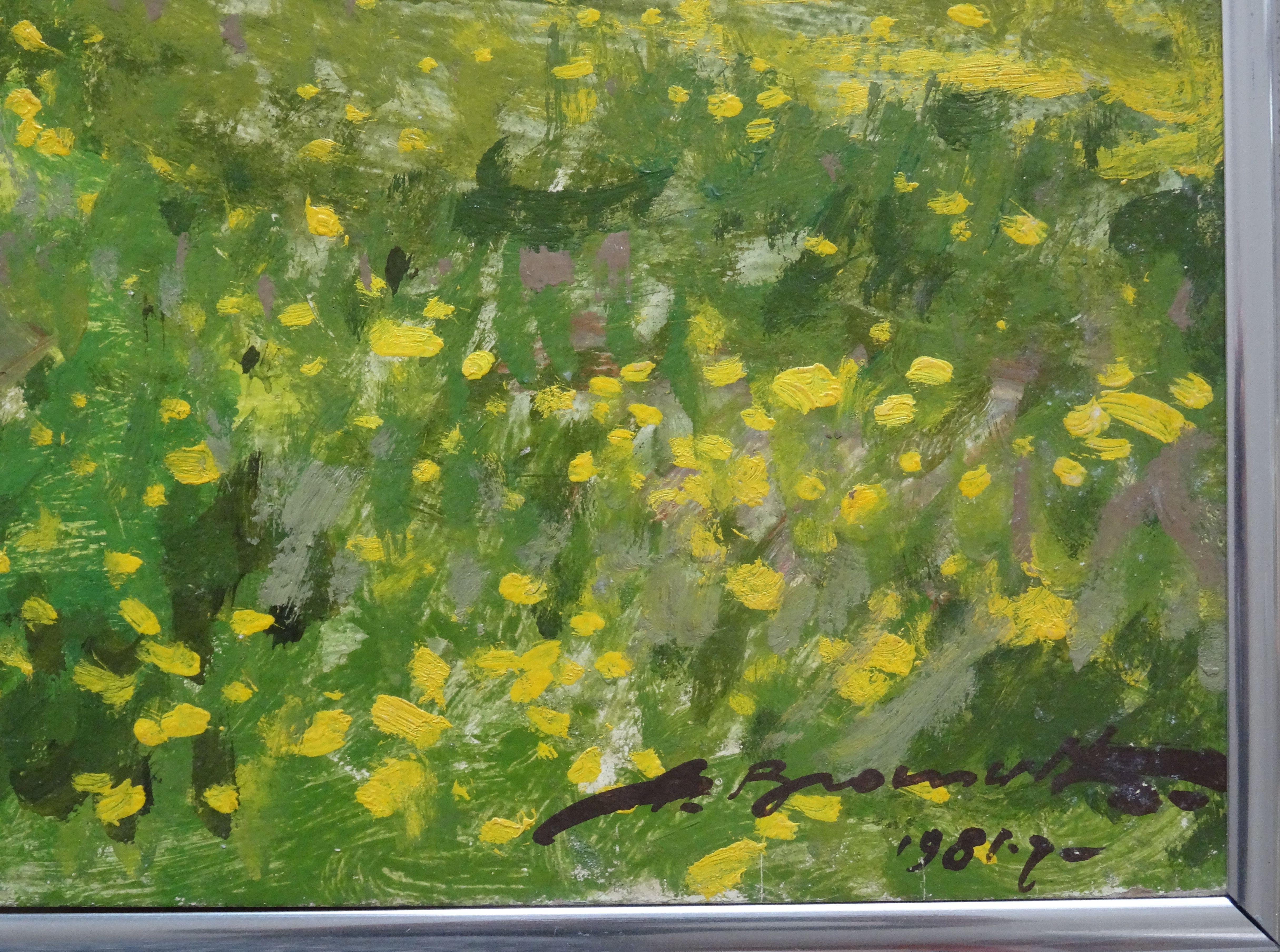 Die Blütenblätter sind blühend. 1981. Öl auf Karton, 40x50 cm (Realismus), Painting, von Alfejs Bromults