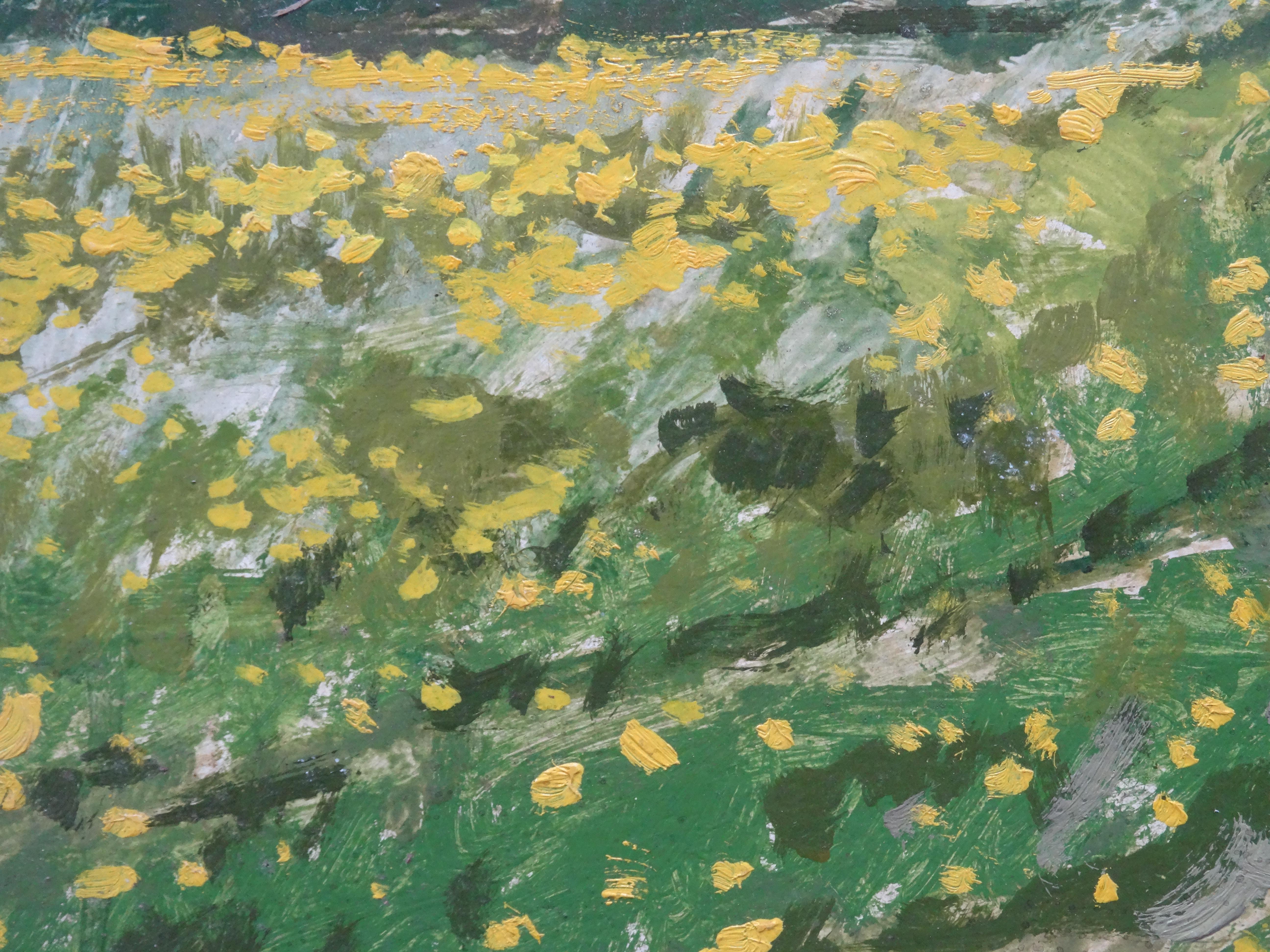 Dandelions are blooming. 1981. Oil on cardboard, 40x50 cm - Brown Landscape Painting by Alfejs Bromults