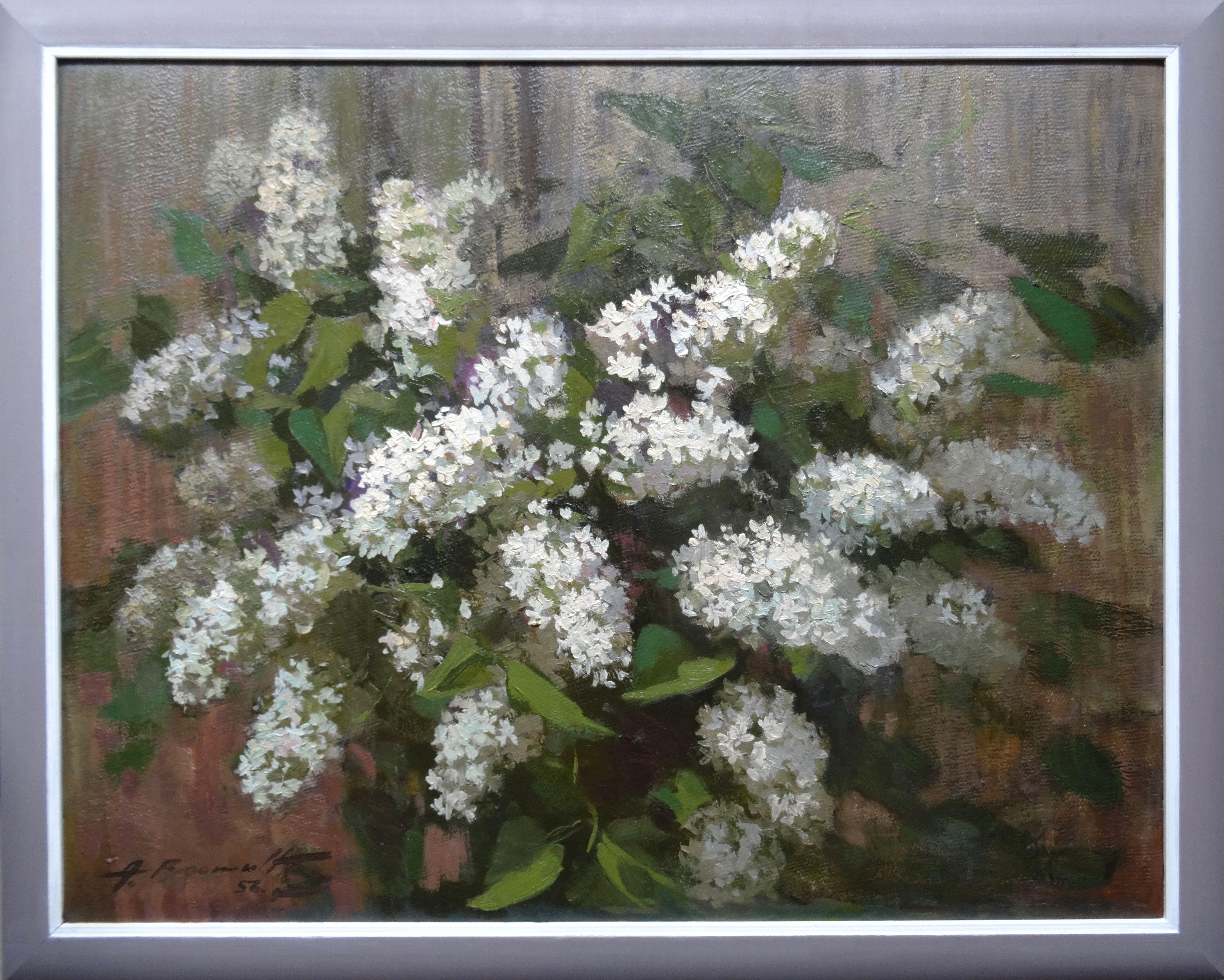 White lilac. 1956. Oil on cardboard, 65x83 cm - Painting by Alfejs Bromults
