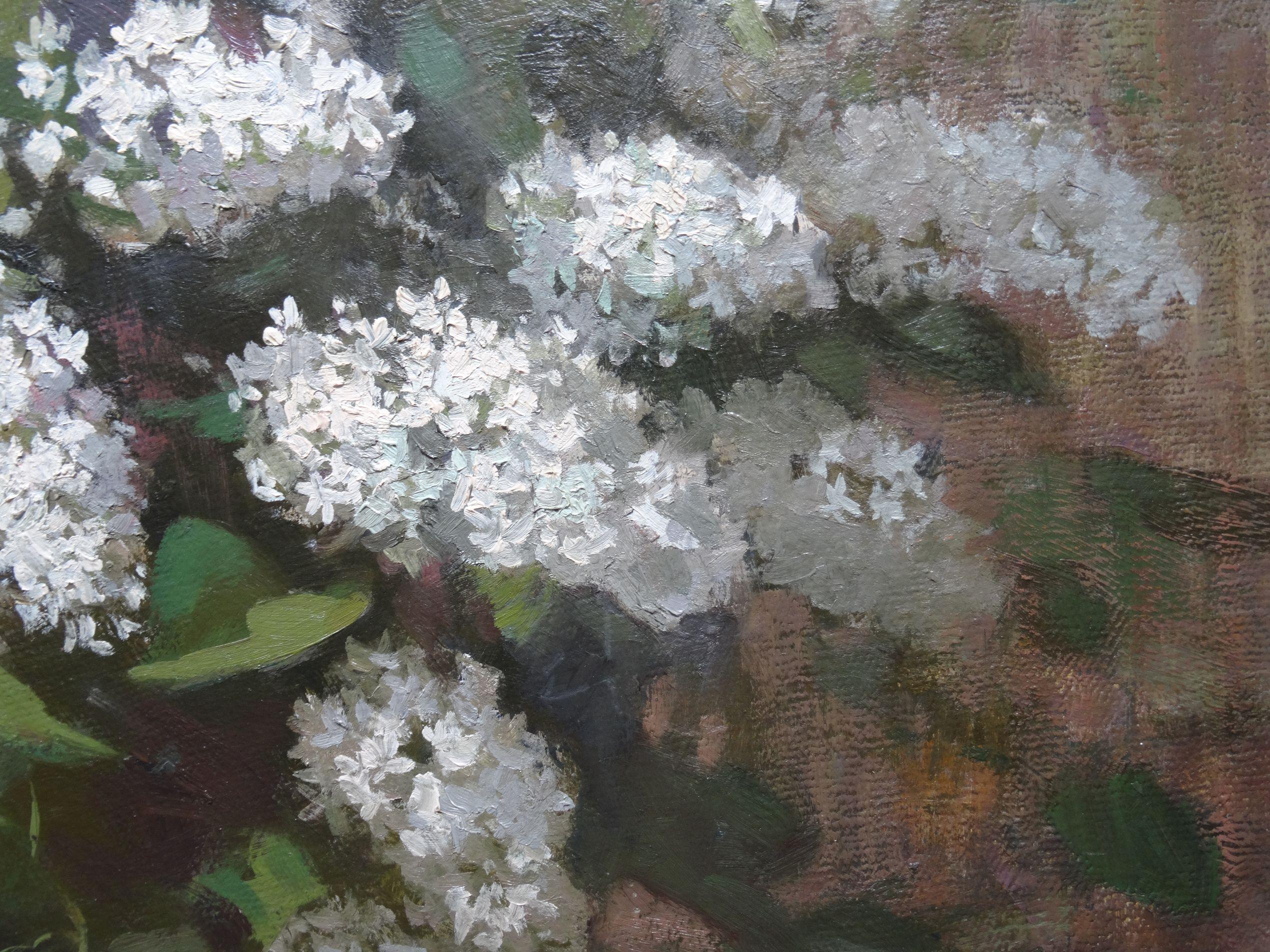 White lilac. 1956. Oil on cardboard, 65x83 cm - Realist Painting by Alfejs Bromults