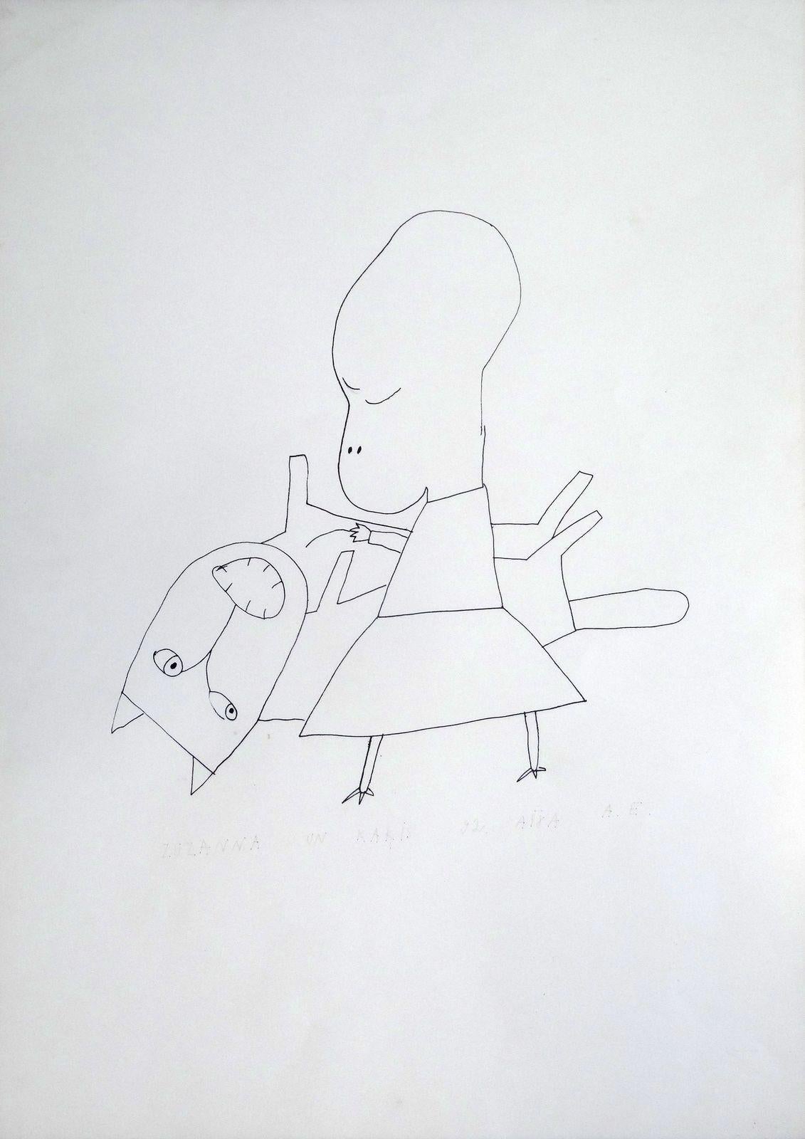 Suzanne and the cat. 1990. Paper, ink, 69x49 cm