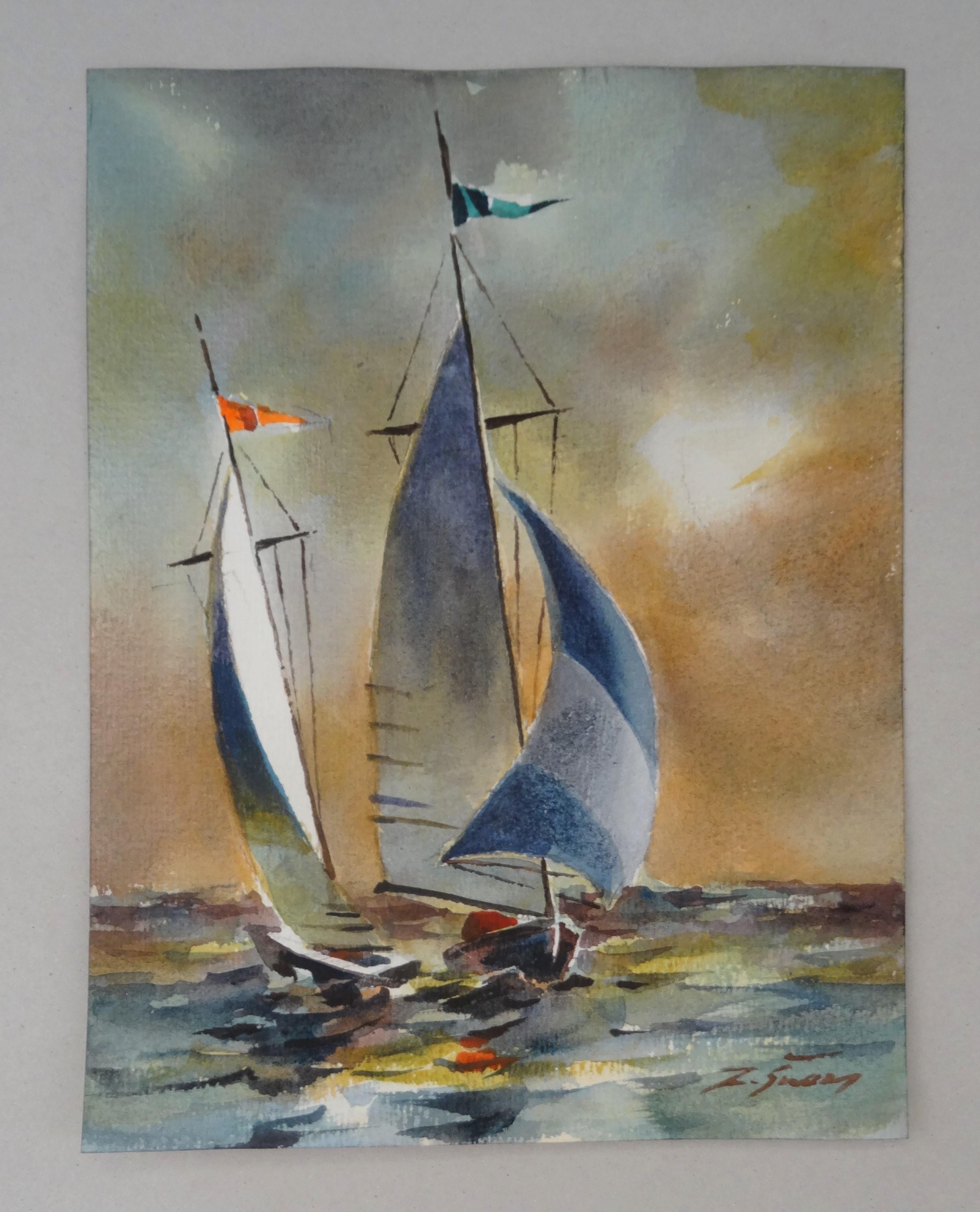 Sails I, 2020. Paper, watercolor, 24 x 18, 5 cm - Realist Art by Zigmunds Snore 