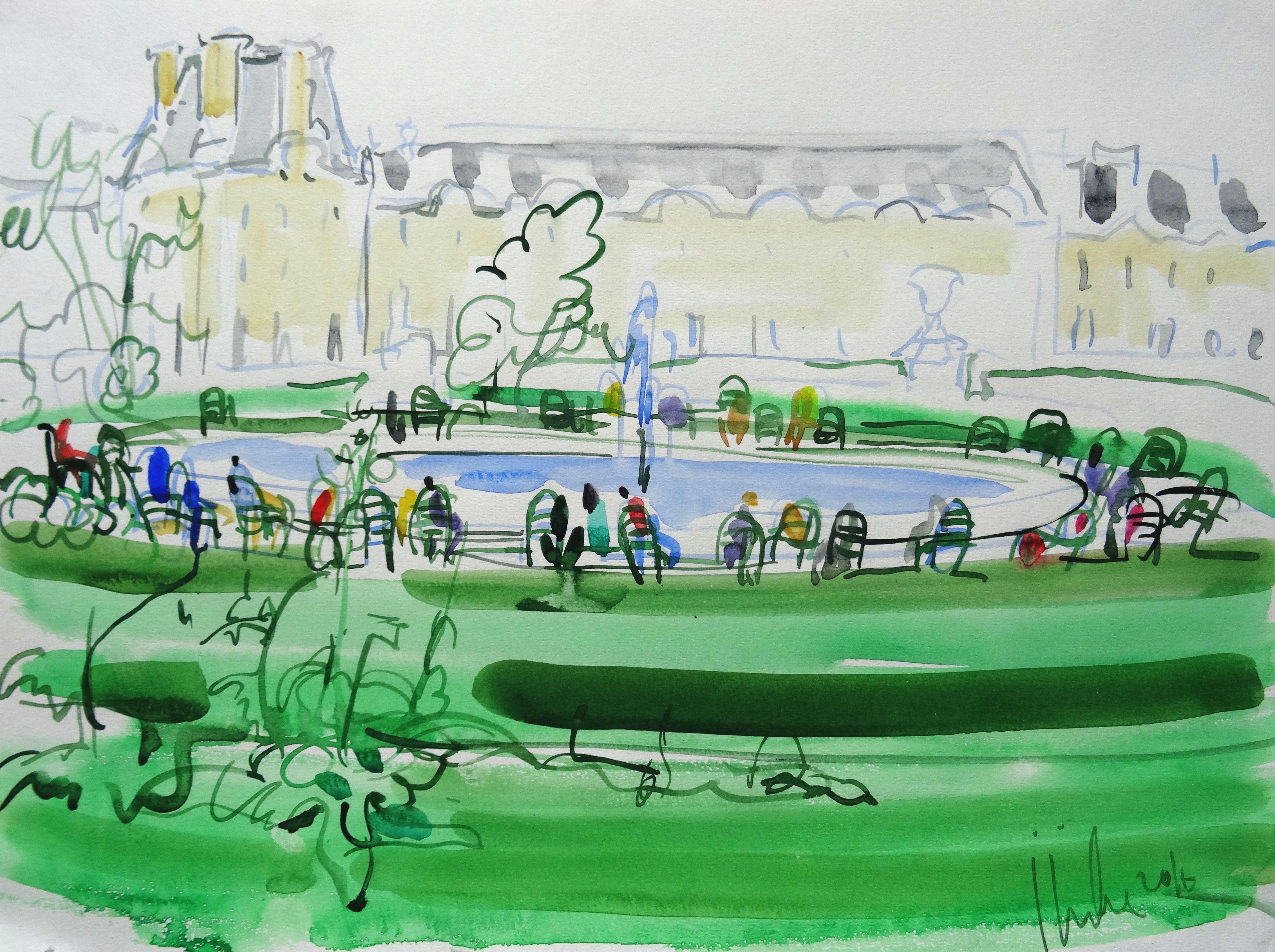 Ingrida Irbe Landscape Painting - Fountain view. Tuileries garden. Paris. 2010. Watercolor on paper, 30x40 cm