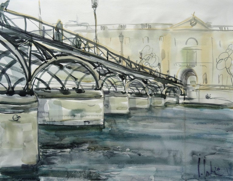 Ingrida Irbe Landscape Art - Pont des Arts. Bridge at Paris. 2010. Watercolor on paper, 40x50 cm