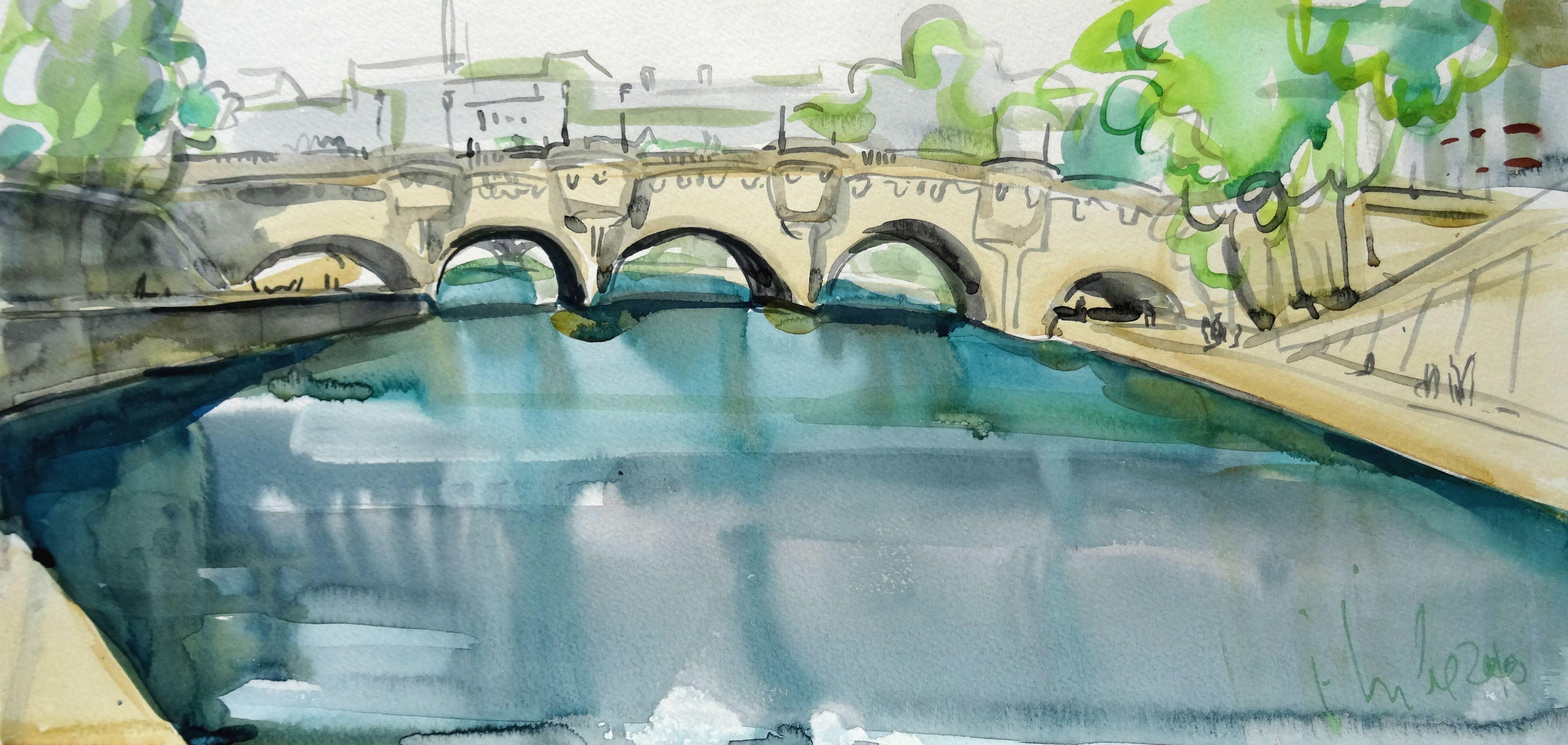 Ingrida Irbe Landscape Art - Pont Neuf Paris. 2010. Watercolor on paper, 24x50 cm