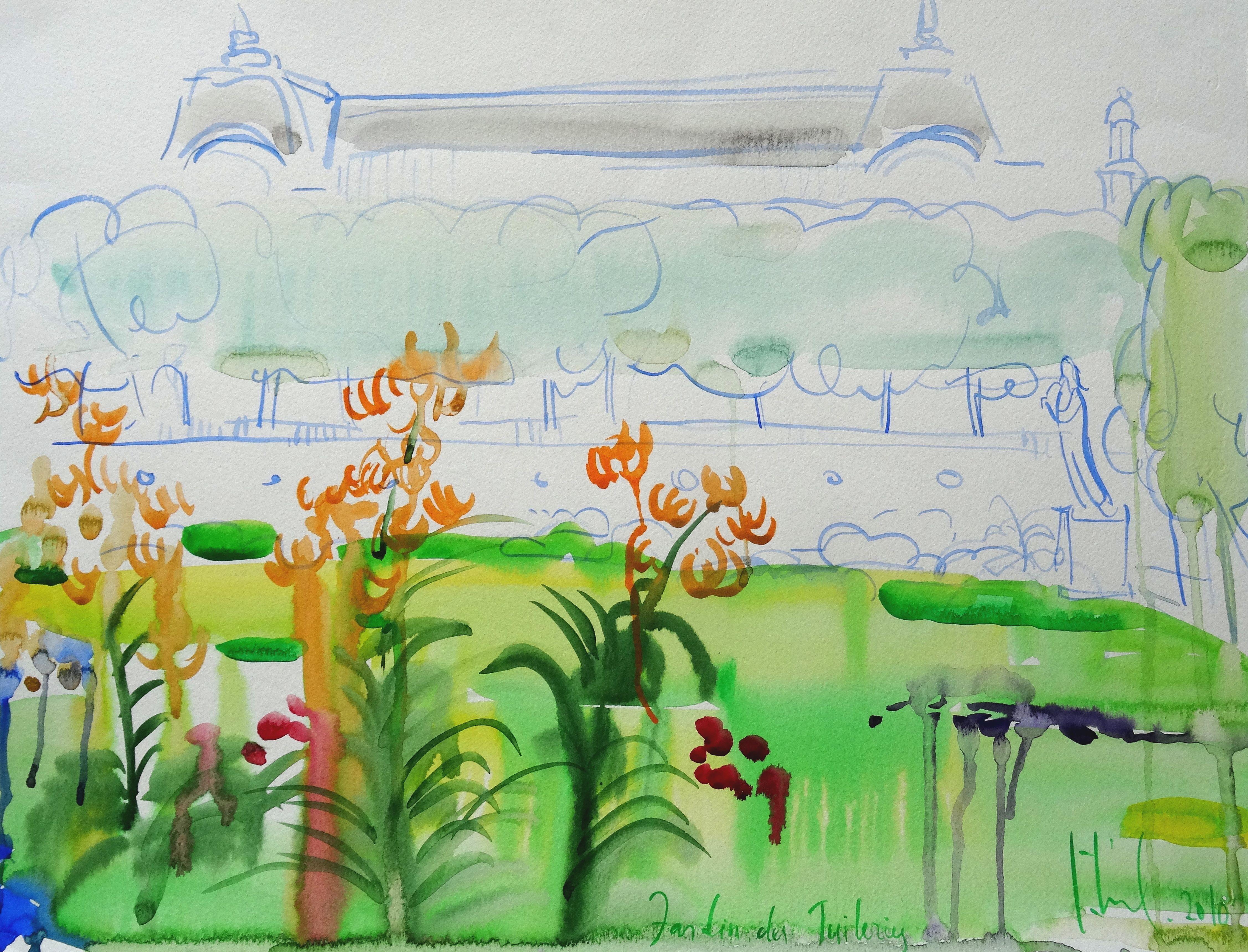 Ingrida Irbe Landscape Art - Tuileries Garden Paris. 2010. Watercolor on paper, 38x50 cm