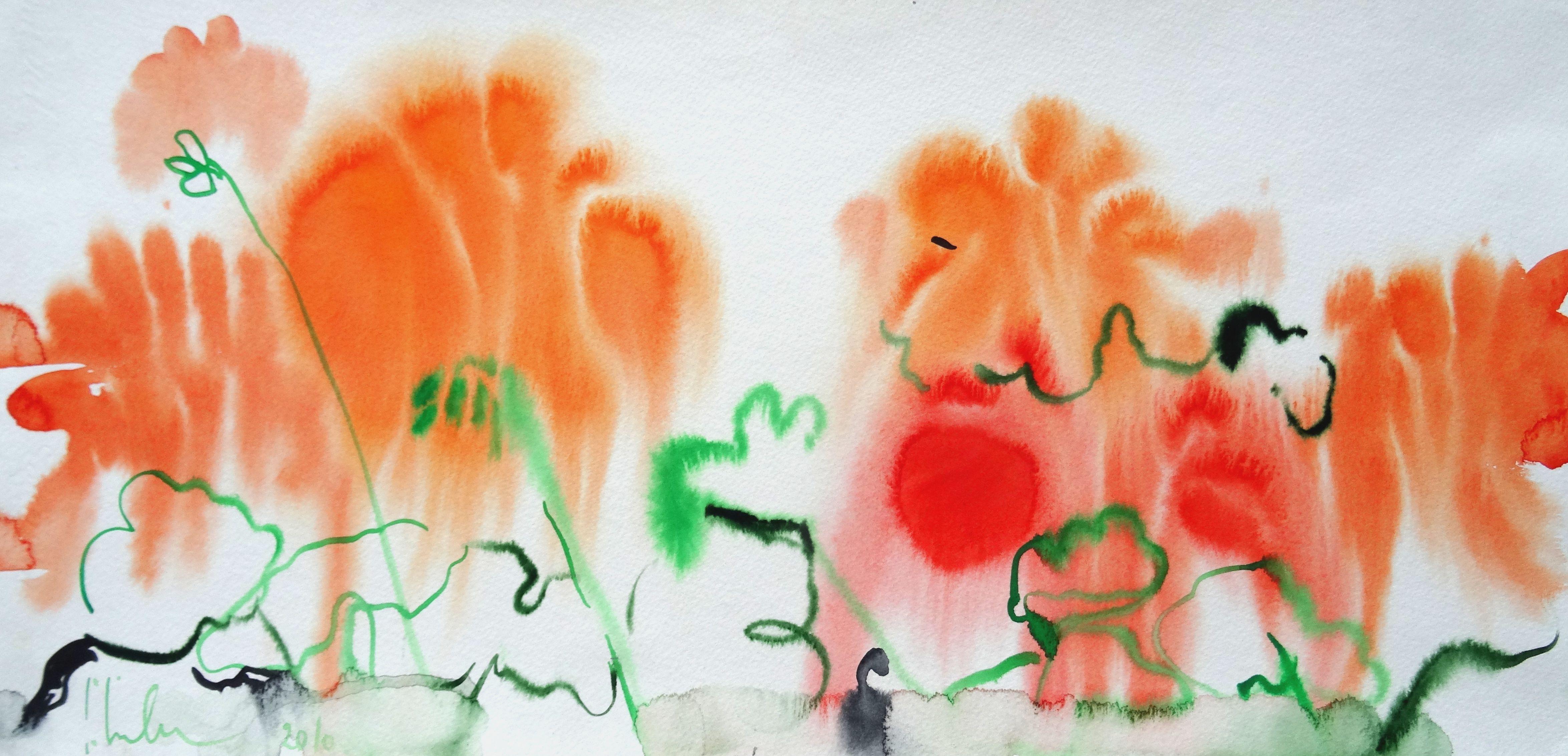 Orange flowers at Tuileries Garden. Paris 2010. Watercolor on paper, 24x50 cm