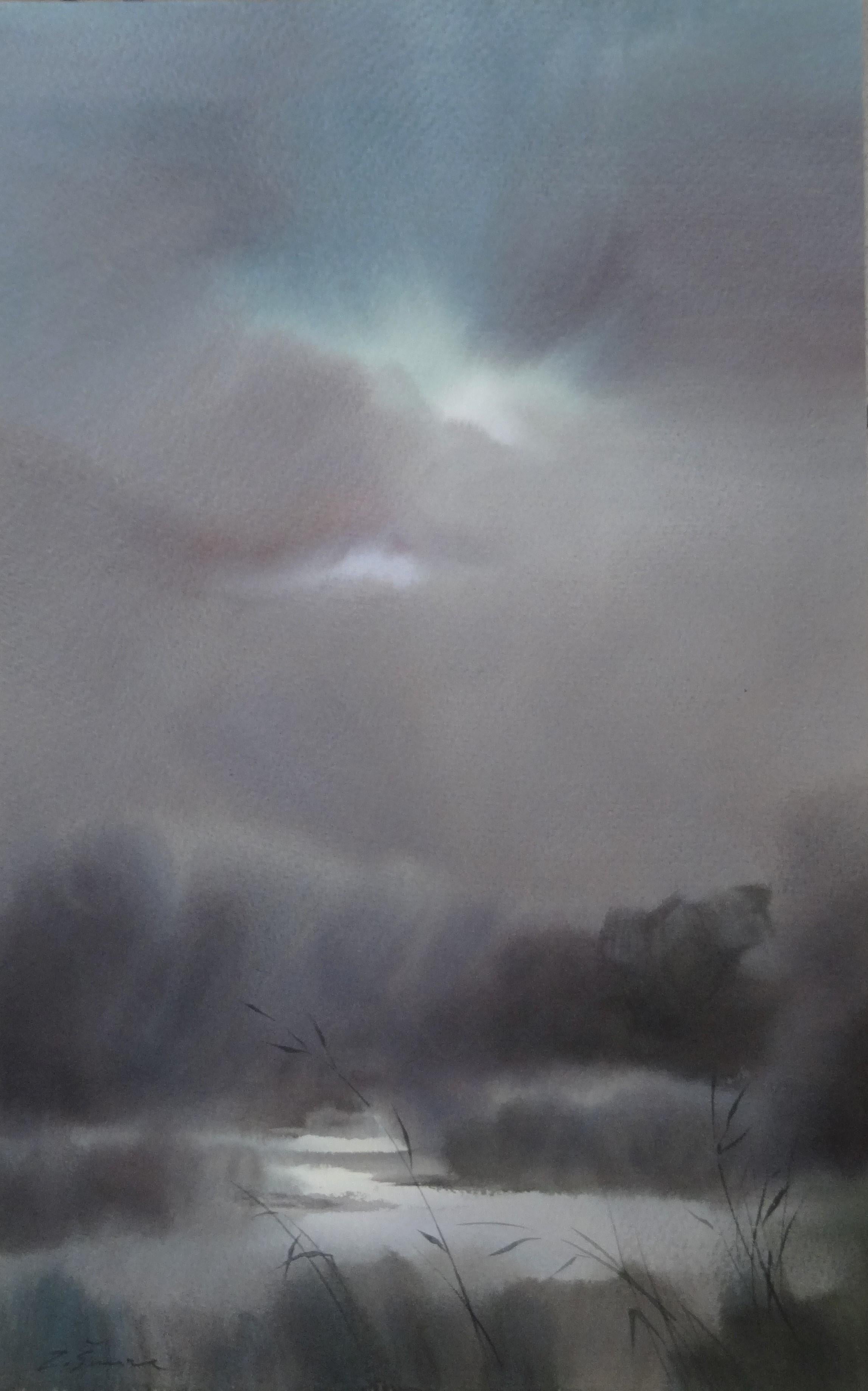 Zigmunds Snore  Landscape Art - Twilight on the river. 2019. Watercolor, paper, 46, 5 x 30 cm