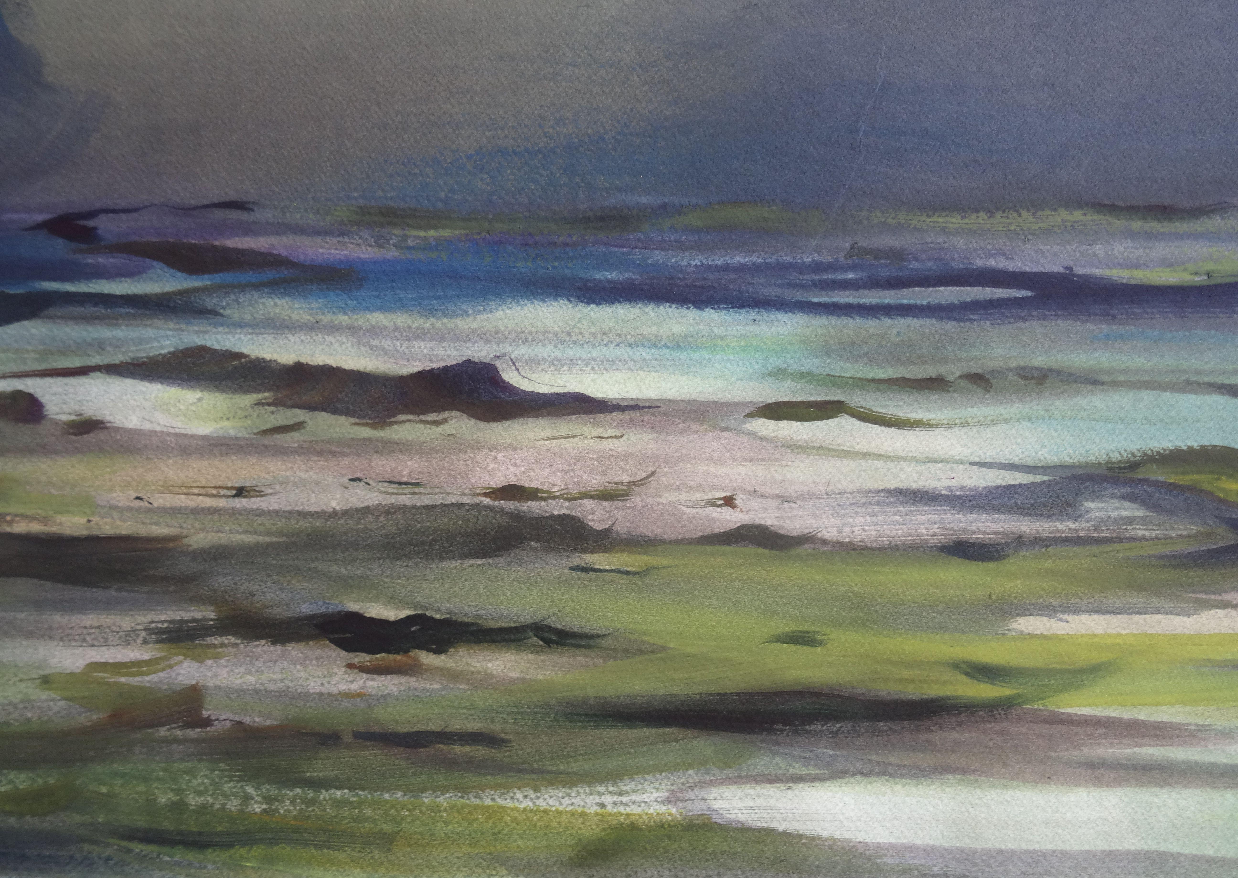 Großvater auf See I. 2019. Aquarell, Papier, 67 x 95, 5 cm (Grau), Landscape Painting, von Zigmunds Snore 