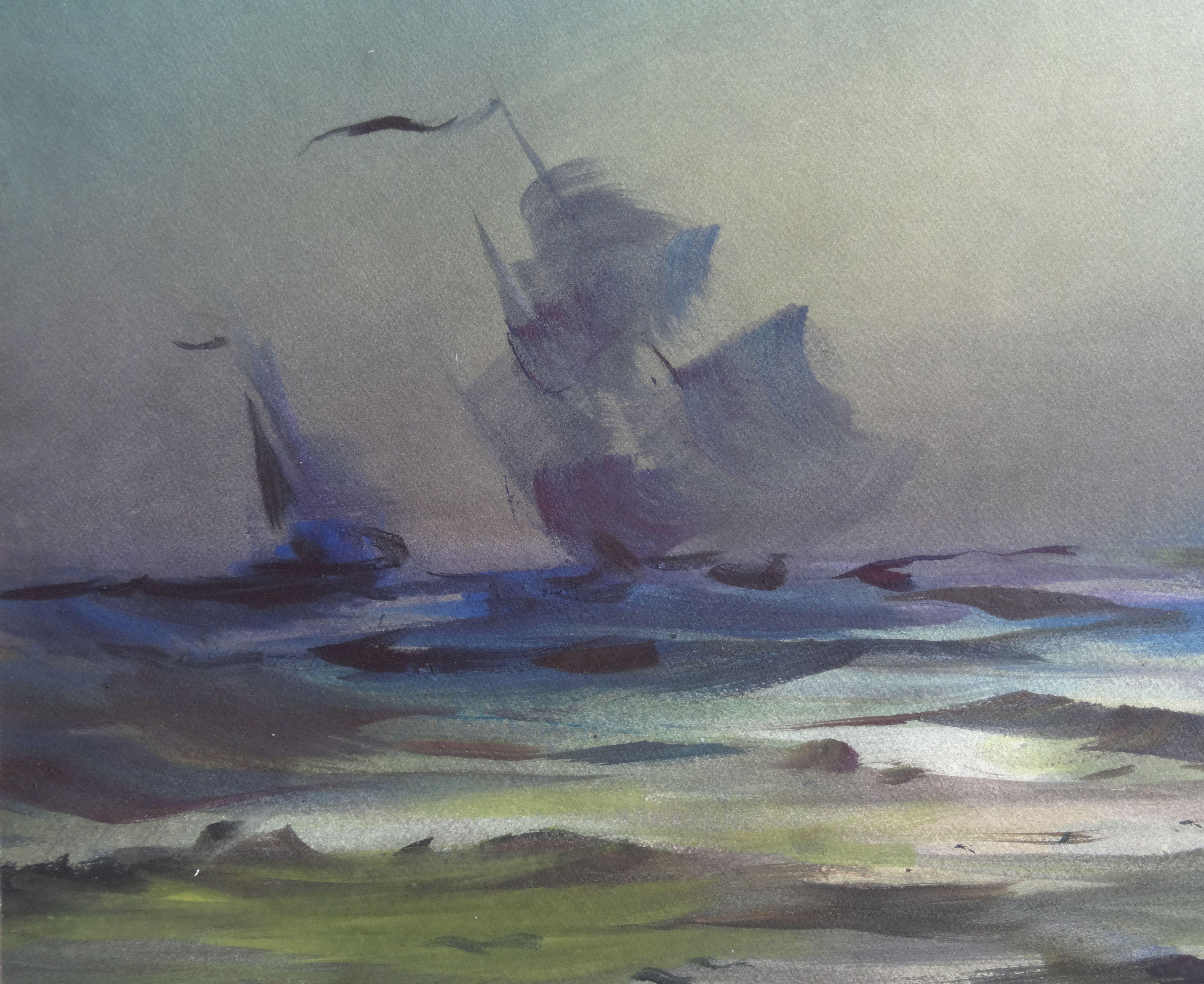 Great grandfather at sea I. 2019. Watercolor, paper, 67 x 95, 5 cm - Realist Painting by Zigmunds Snore 