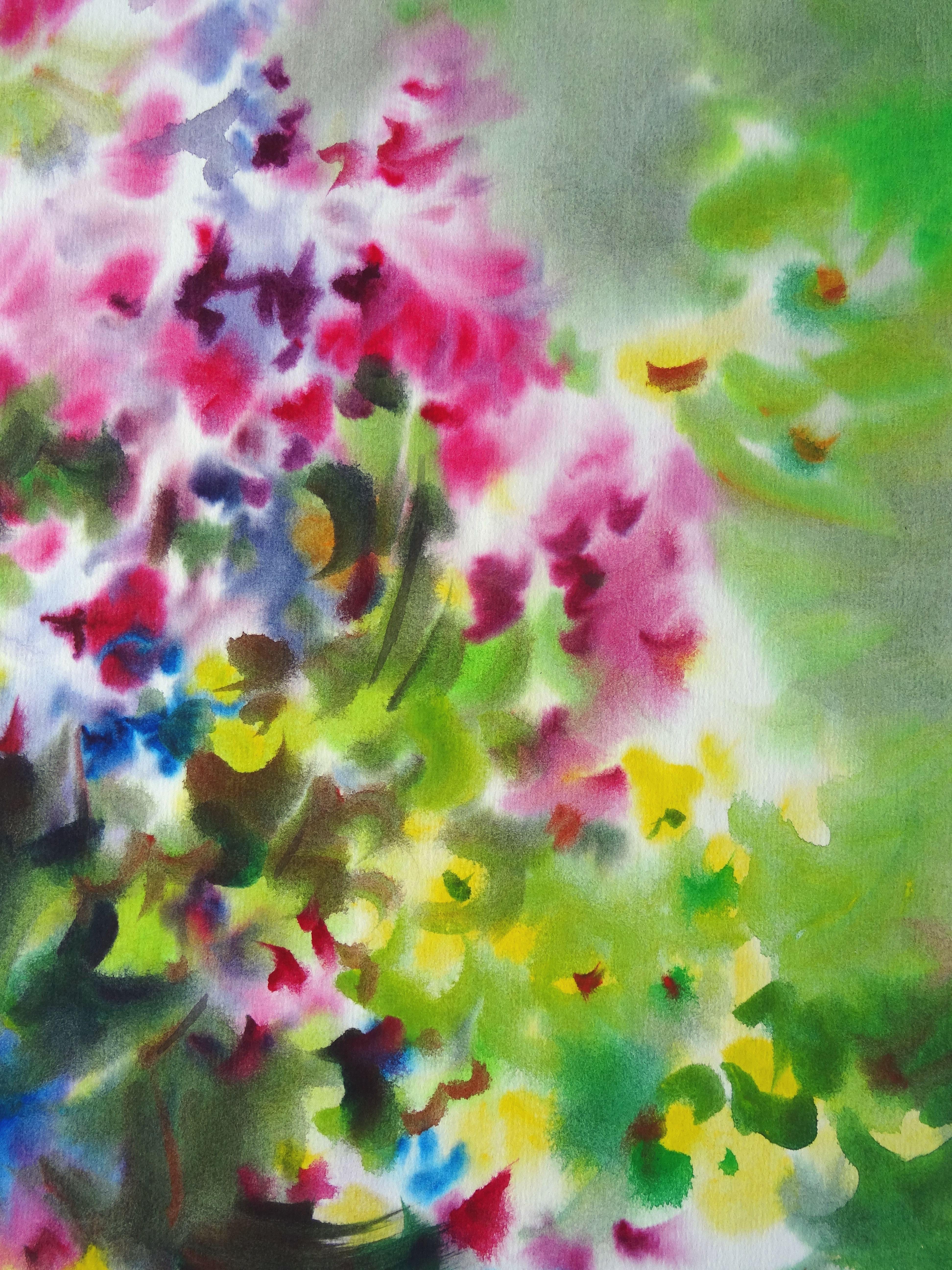 Bright summer flowers. 2020. Watercolor, paper, 74 x 59 cm - Gray Still-Life Painting by Zigmunds Snore 