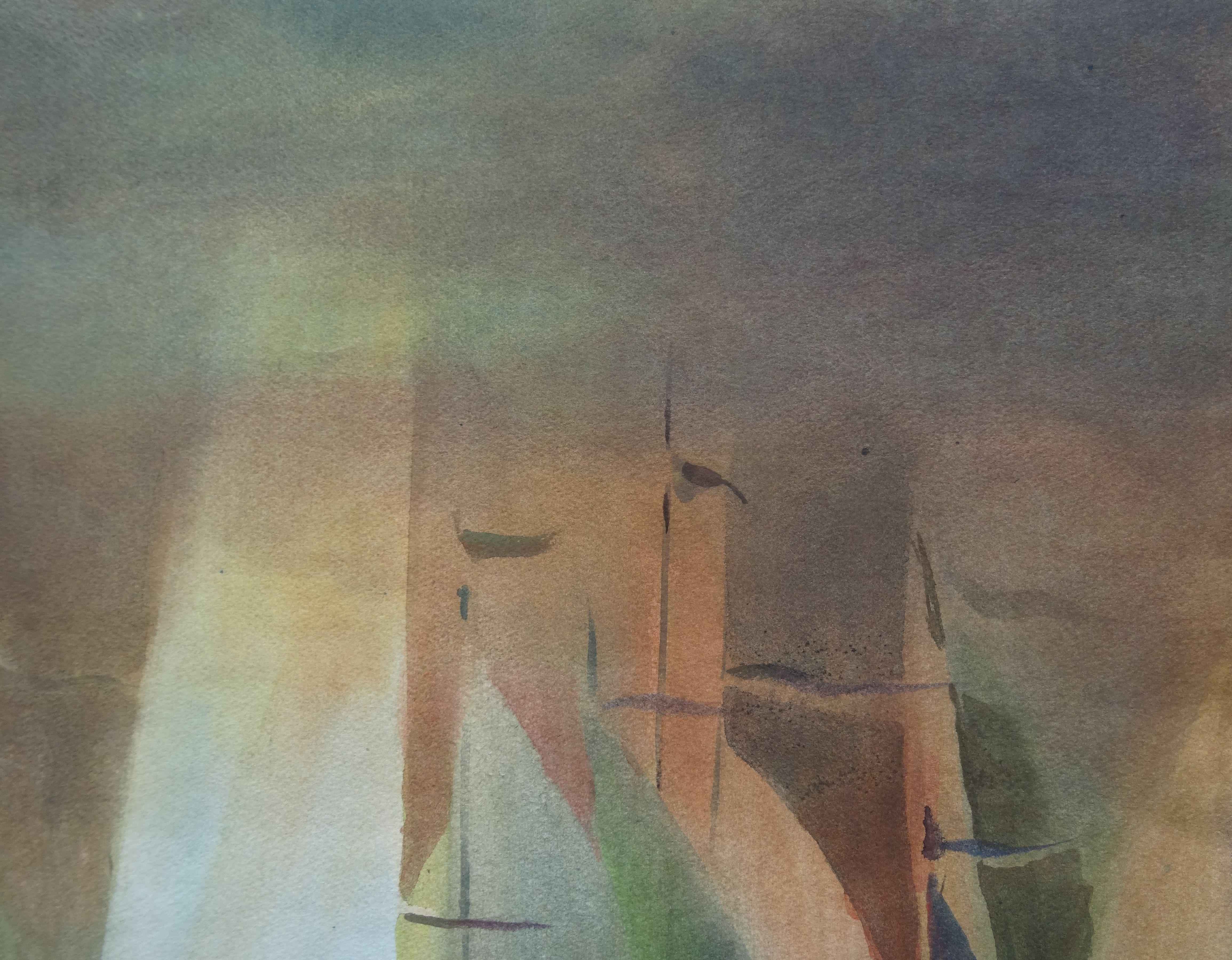 Regatta. 2019. Watercolor, paper, 63 x 87 cm - Gray Landscape Painting by Zigmunds Snore 