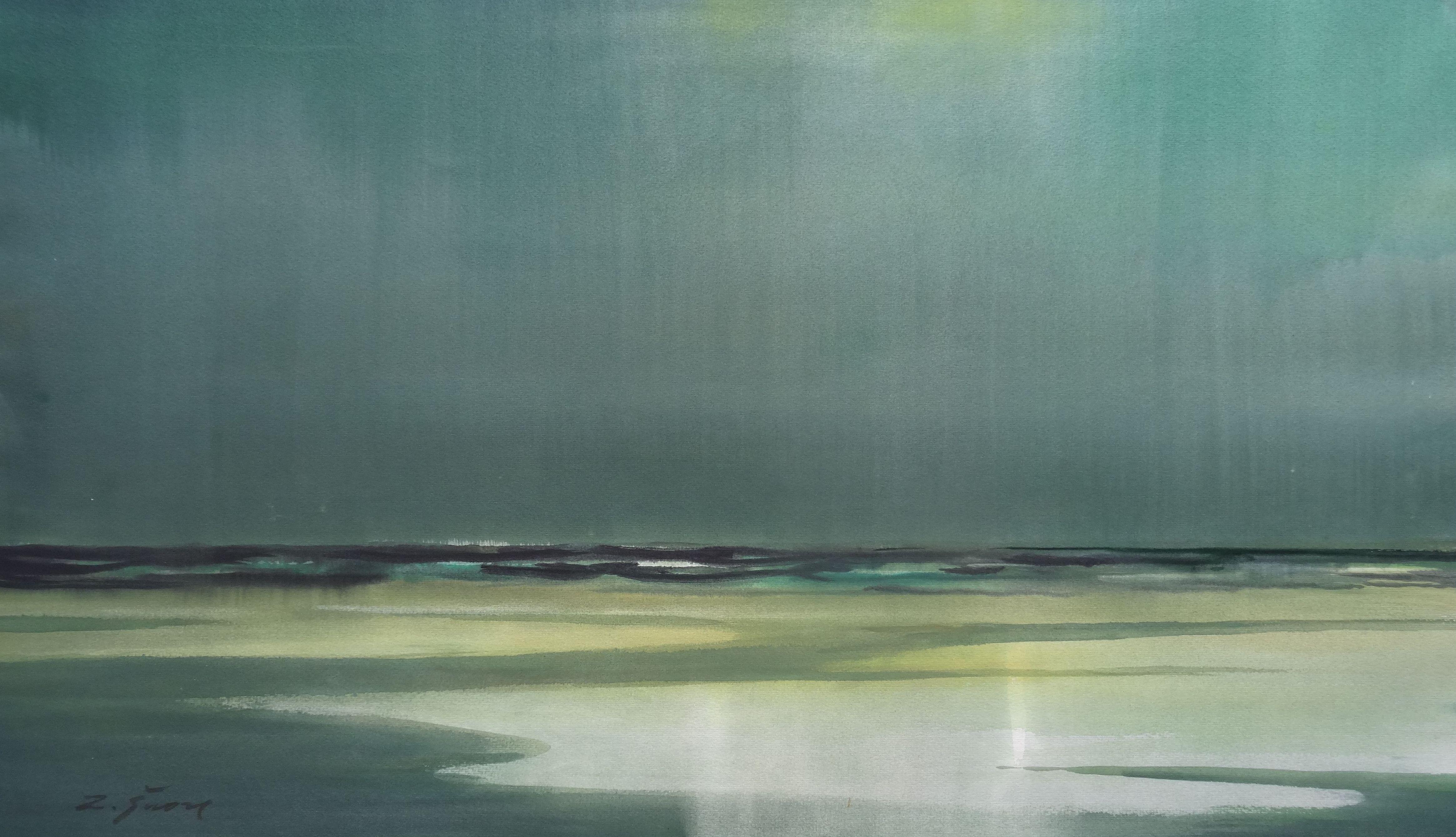 Zigmunds Snore  Landscape Painting - Peace of sea. 2020. Watercolor, paper, 53, 5 x 92, 5 cm