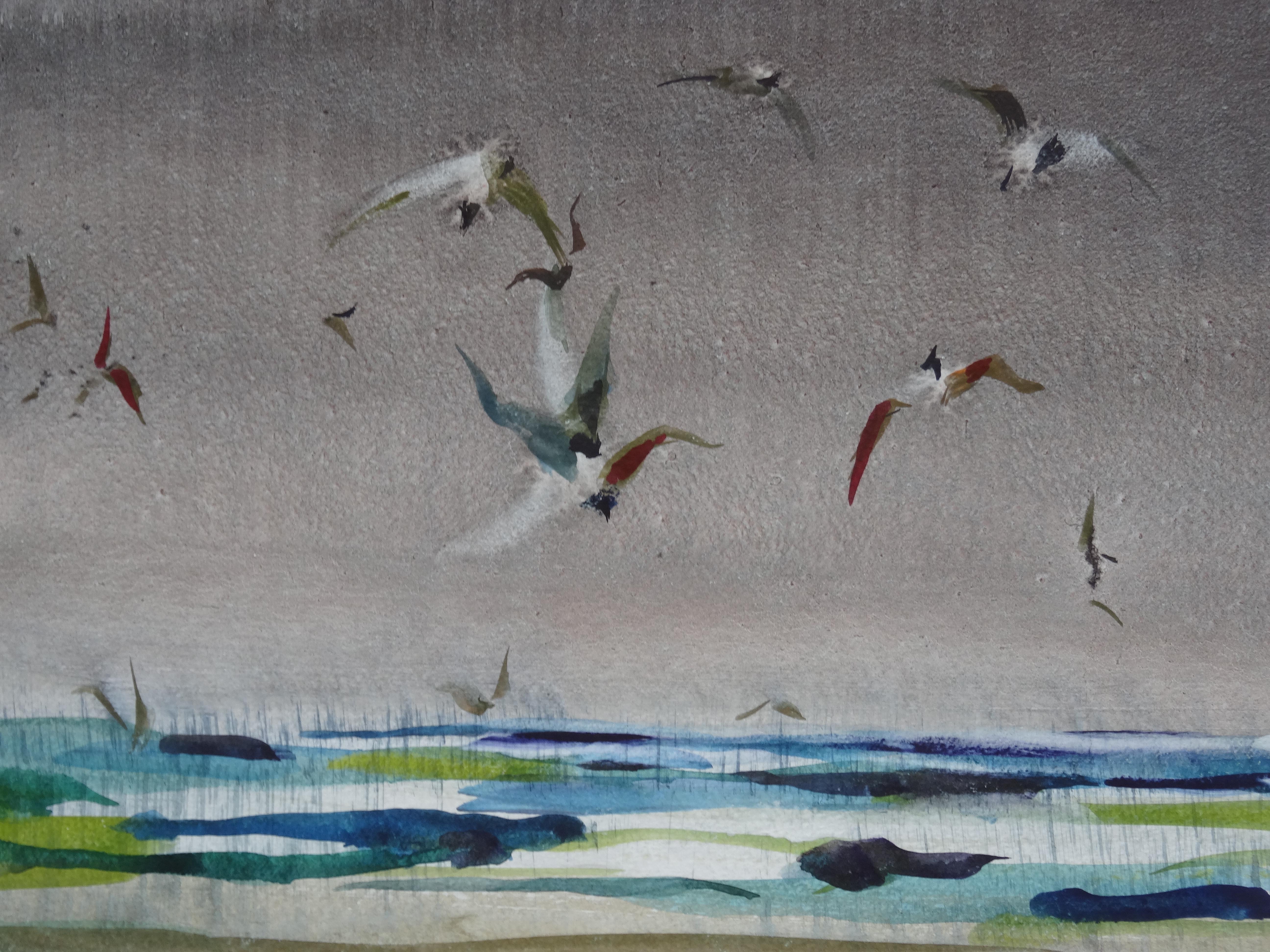 Vogele. 2020. Aquarell, Papier, 66 x 96 cm – Painting von Zigmunds Snore 