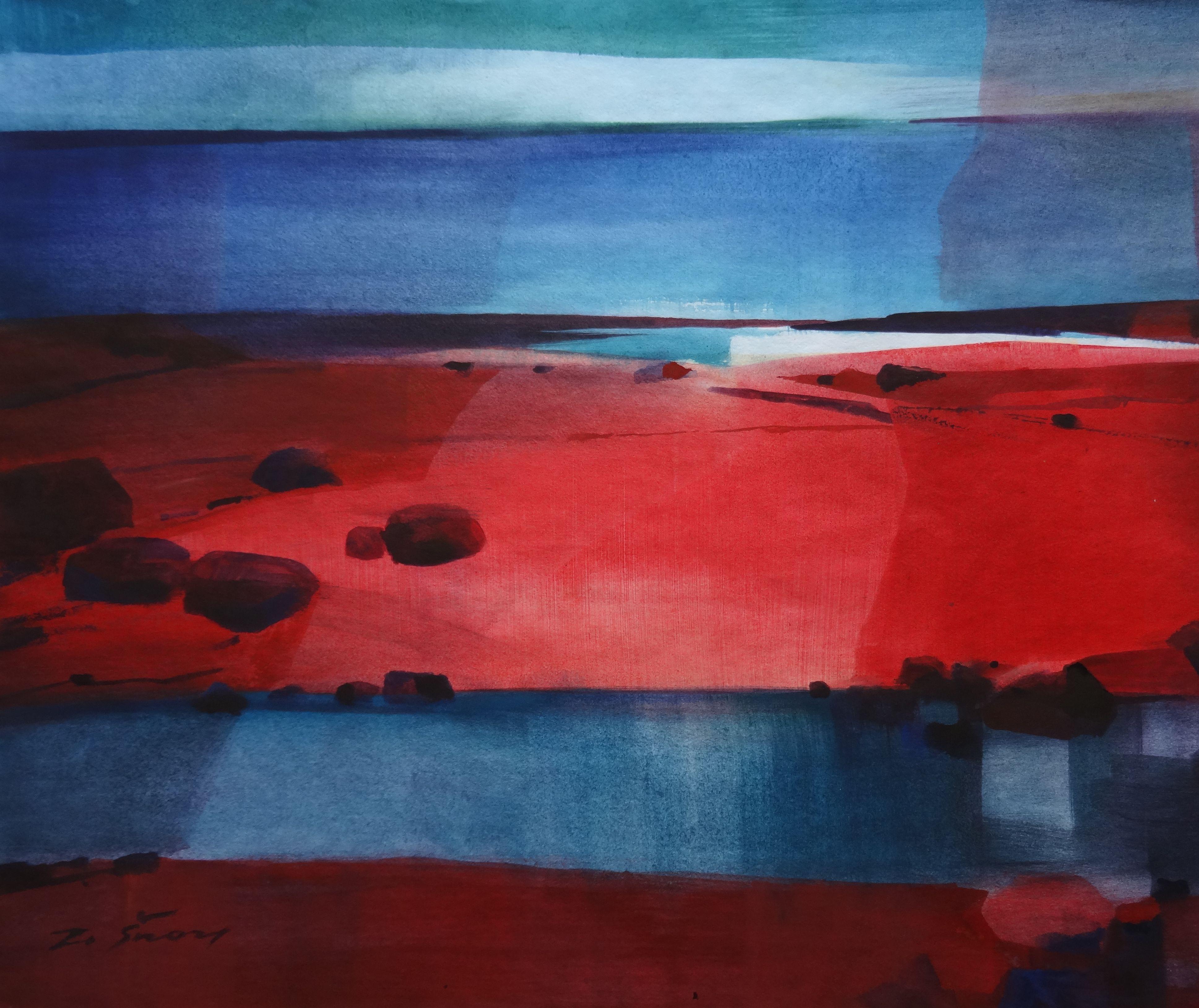 Zigmunds Snore  Landscape Painting - Small town. Red-blue mood. 2020. Watercolor, paper, 60, 5 x 71, 5 cm