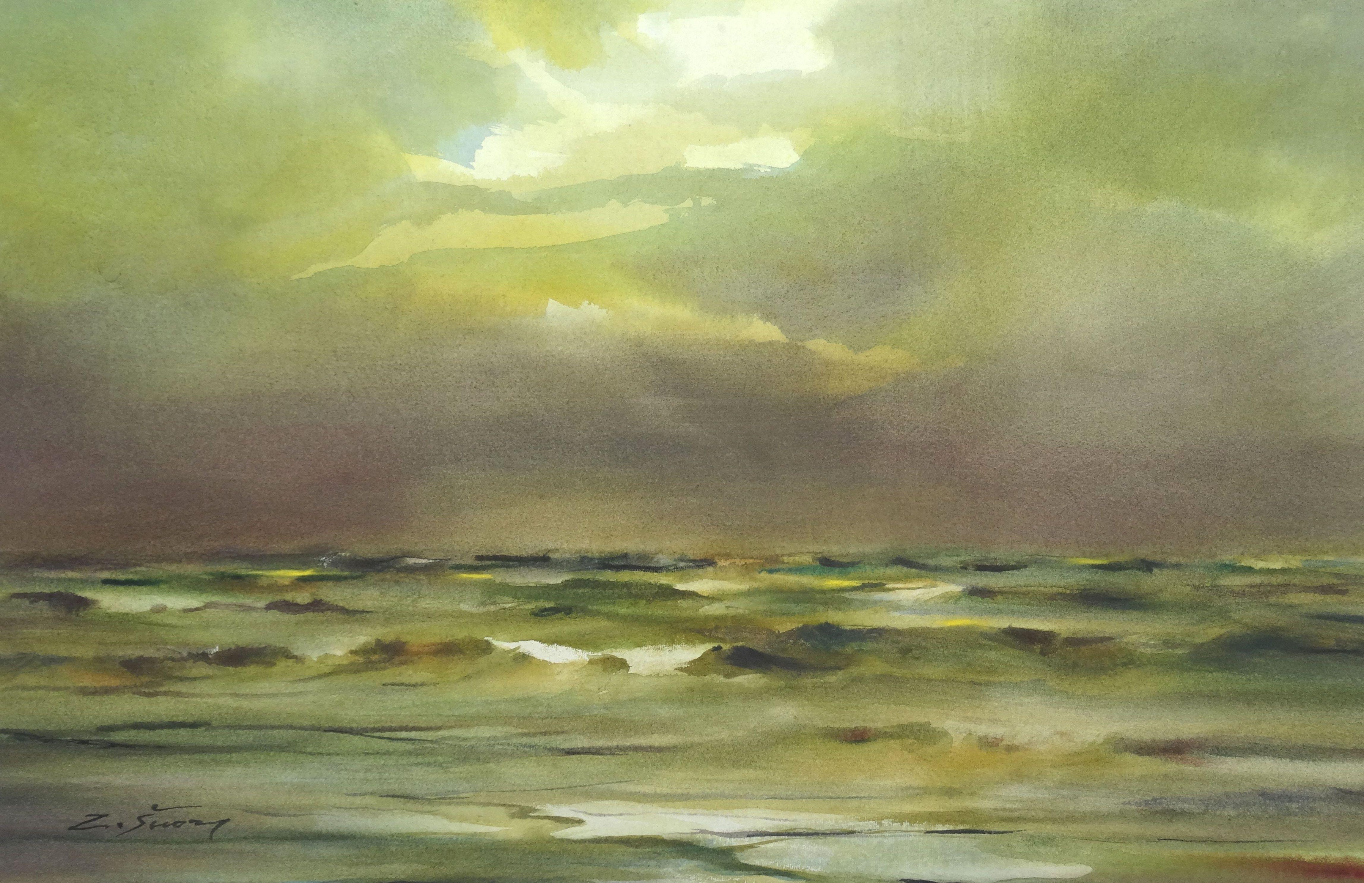 Zigmunds Snore  Landscape Painting - Morning at the sea. 2020. Watercolor, paper, 40 x 62 cm