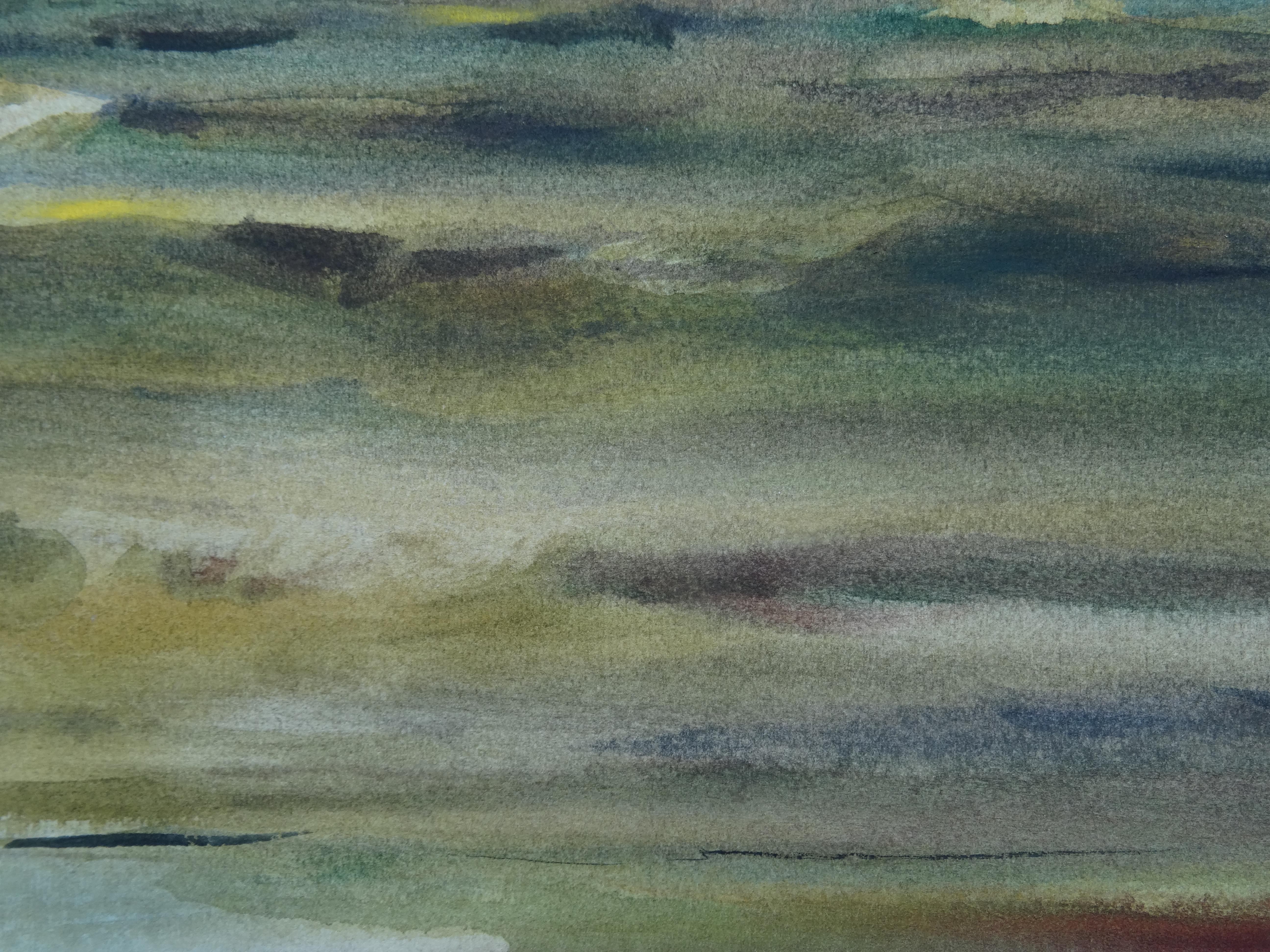 Morning at the sea. 2020. Watercolor, paper, 40 x 62 cm - Brown Landscape Painting by Zigmunds Snore 