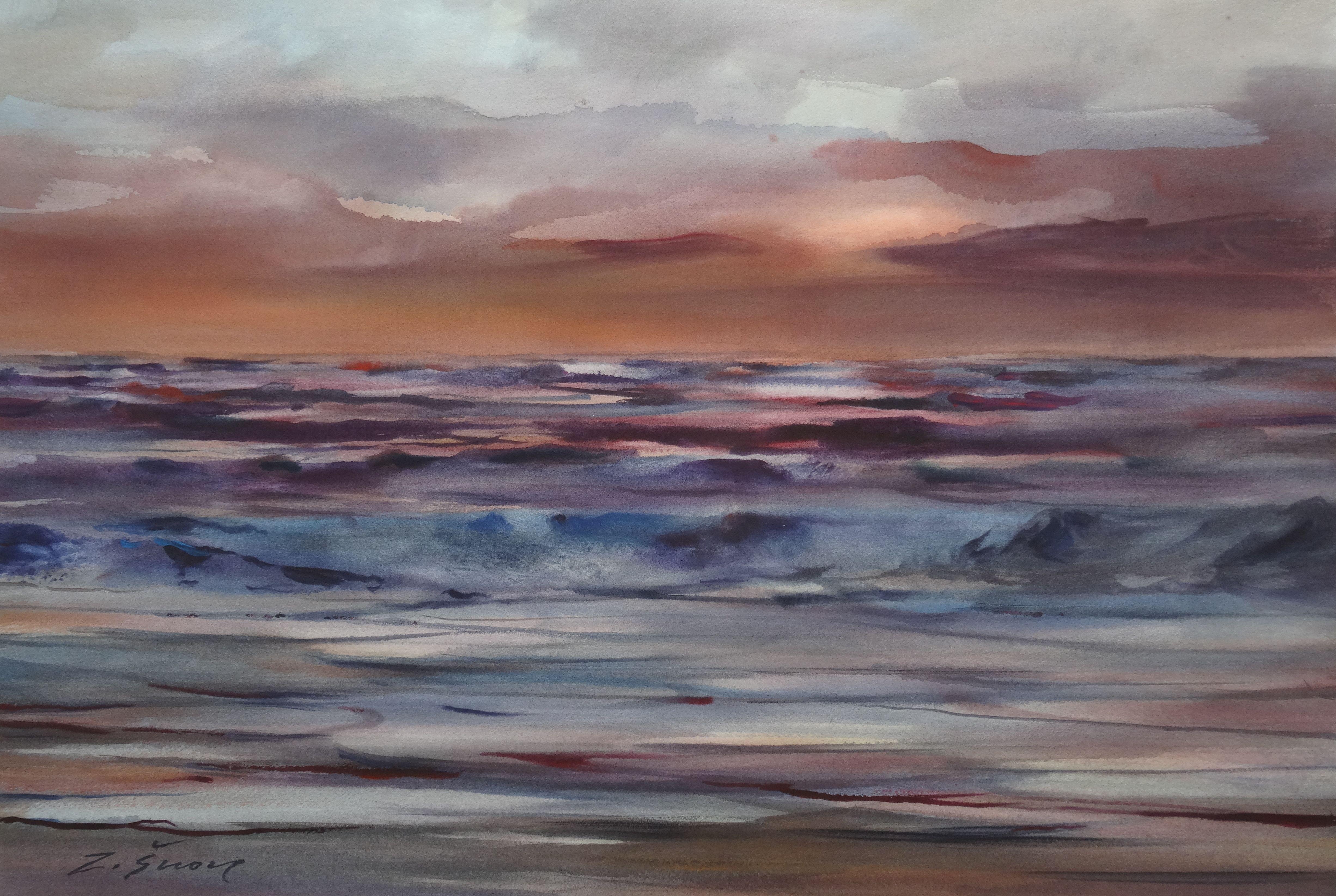 Zigmunds Snore  Landscape Painting - Evening at the sea. 2020. Watercolor, paper, 46, 5 x 67, 5 cm