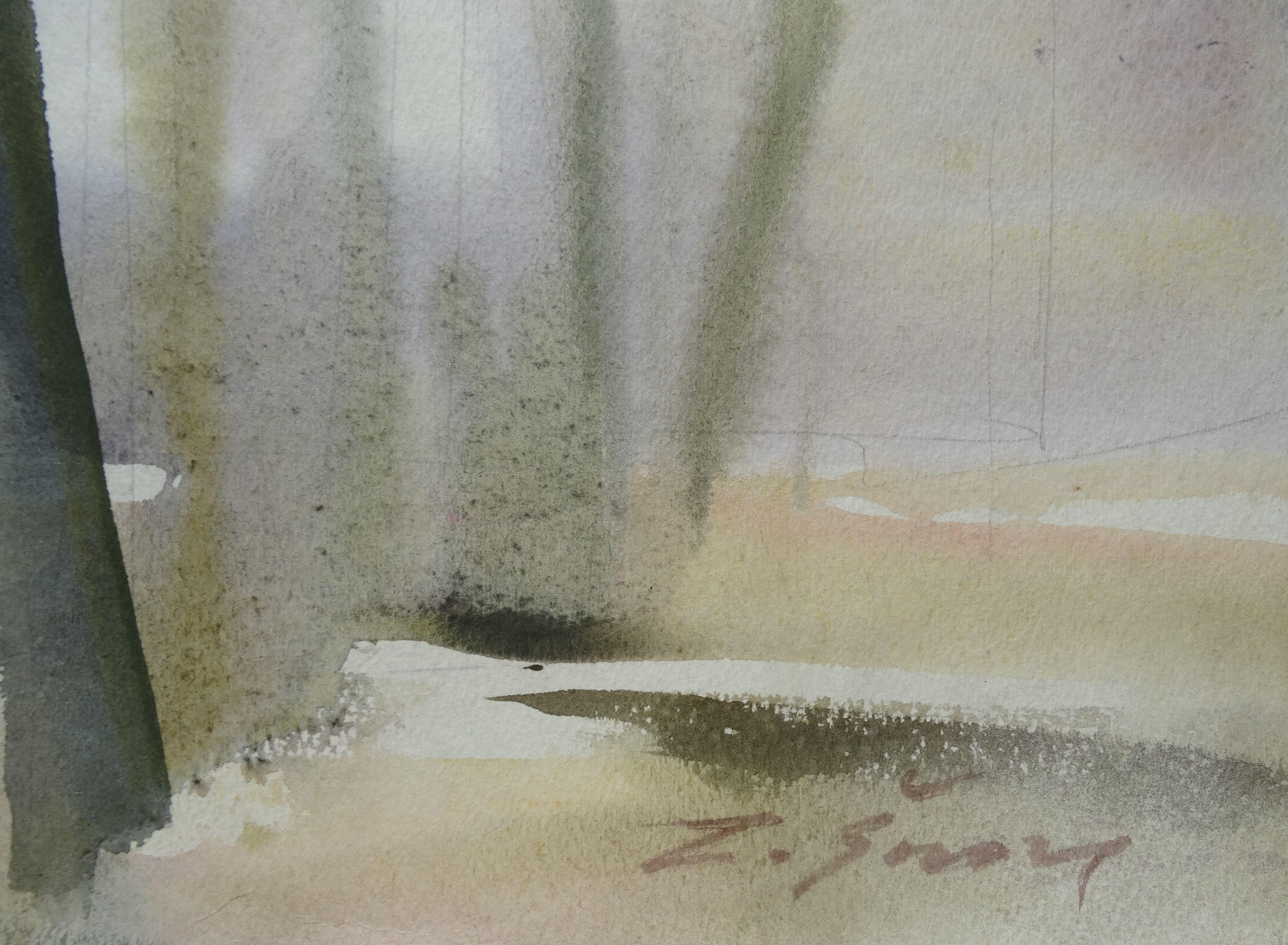 Anfang des Frühjahrs. 2000. Papier, Aquarell, 59x69 cm – Painting von Zigmunds Snore 