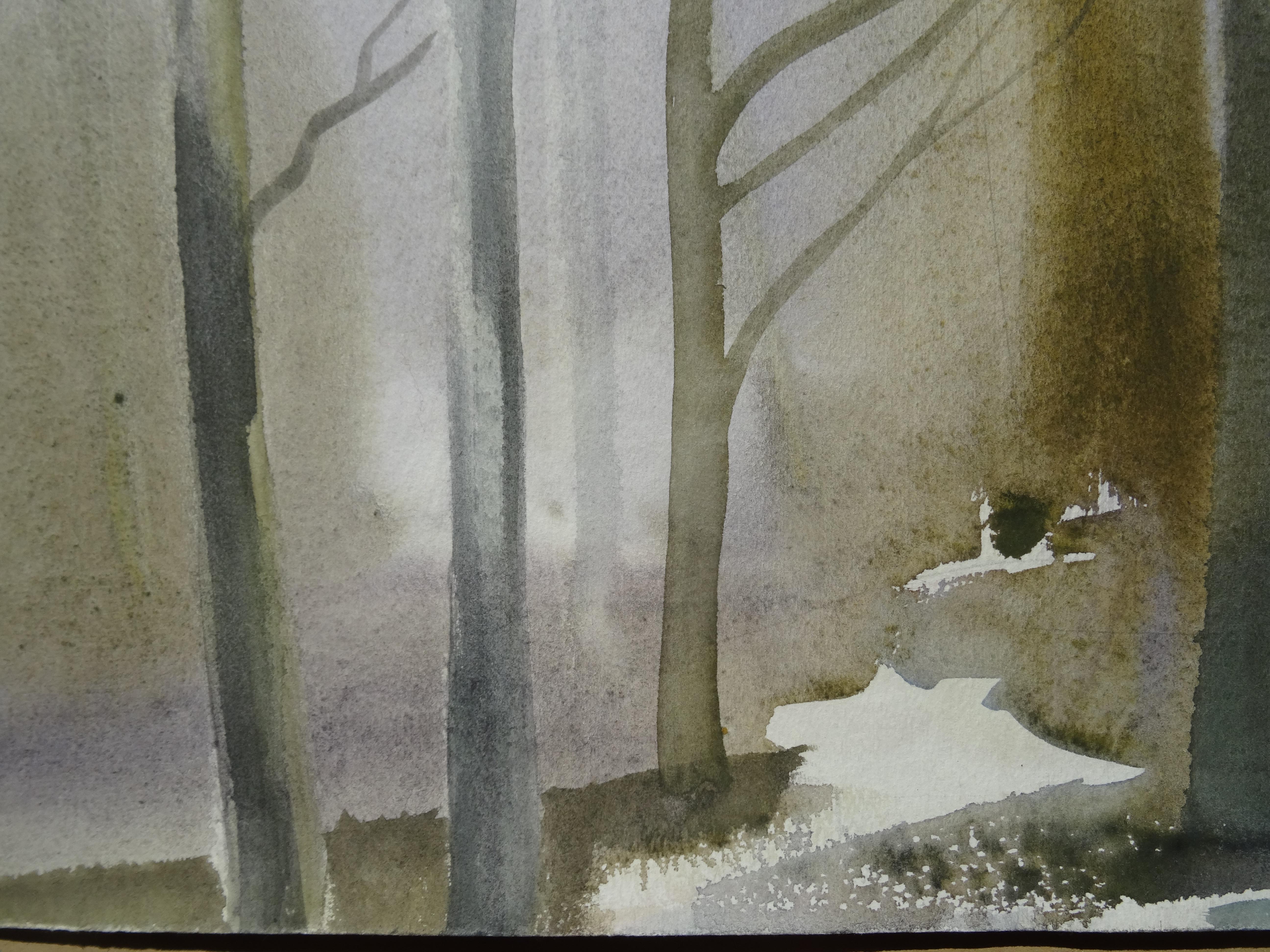 In early spring. 2000. Paper, watercolor, 59x69 cm - Gray Landscape Painting by Zigmunds Snore 