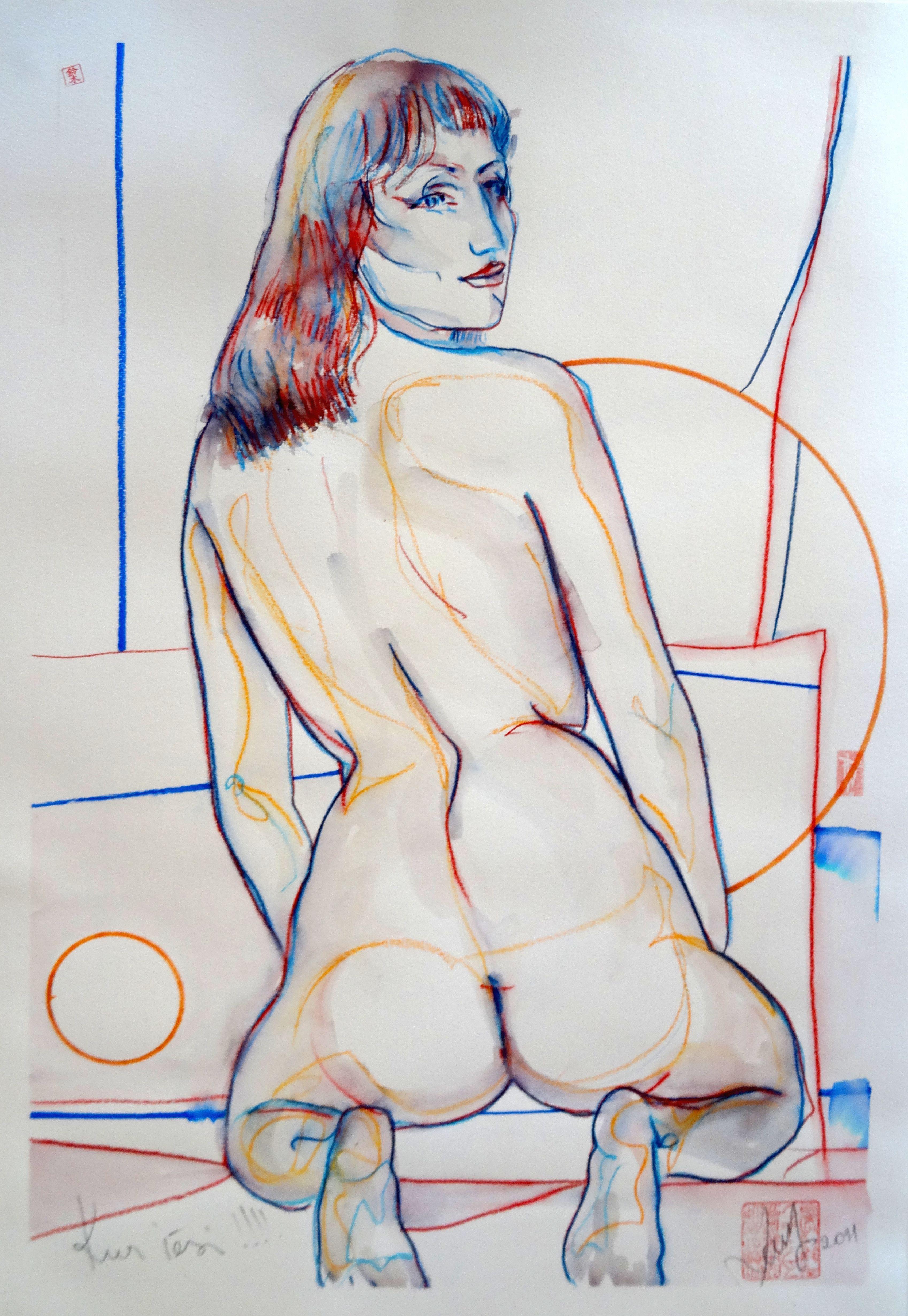 Maris Abilevs  Nude – Wann werden Sie hingehen? Zeichnung in Hautfarbe. 2021. Papier, Mischtechnik, 70x48 cm