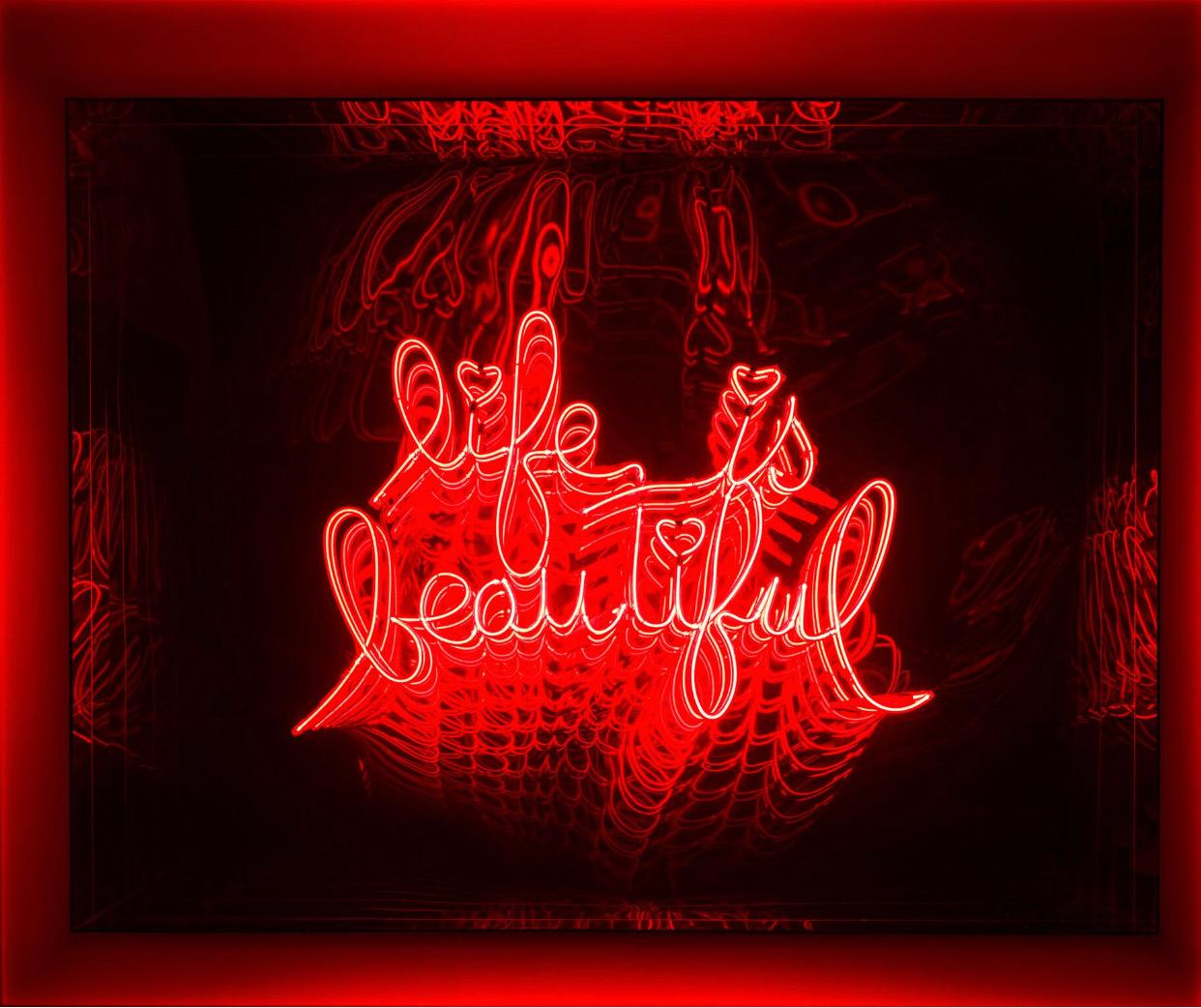 Life is Beautiful, Neon and LED Mirror Sculpture