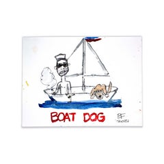 Figuratives Tusche- und japanisches Aquarellgemälde auf Papier „Boat Dog“ von Brad Fisher