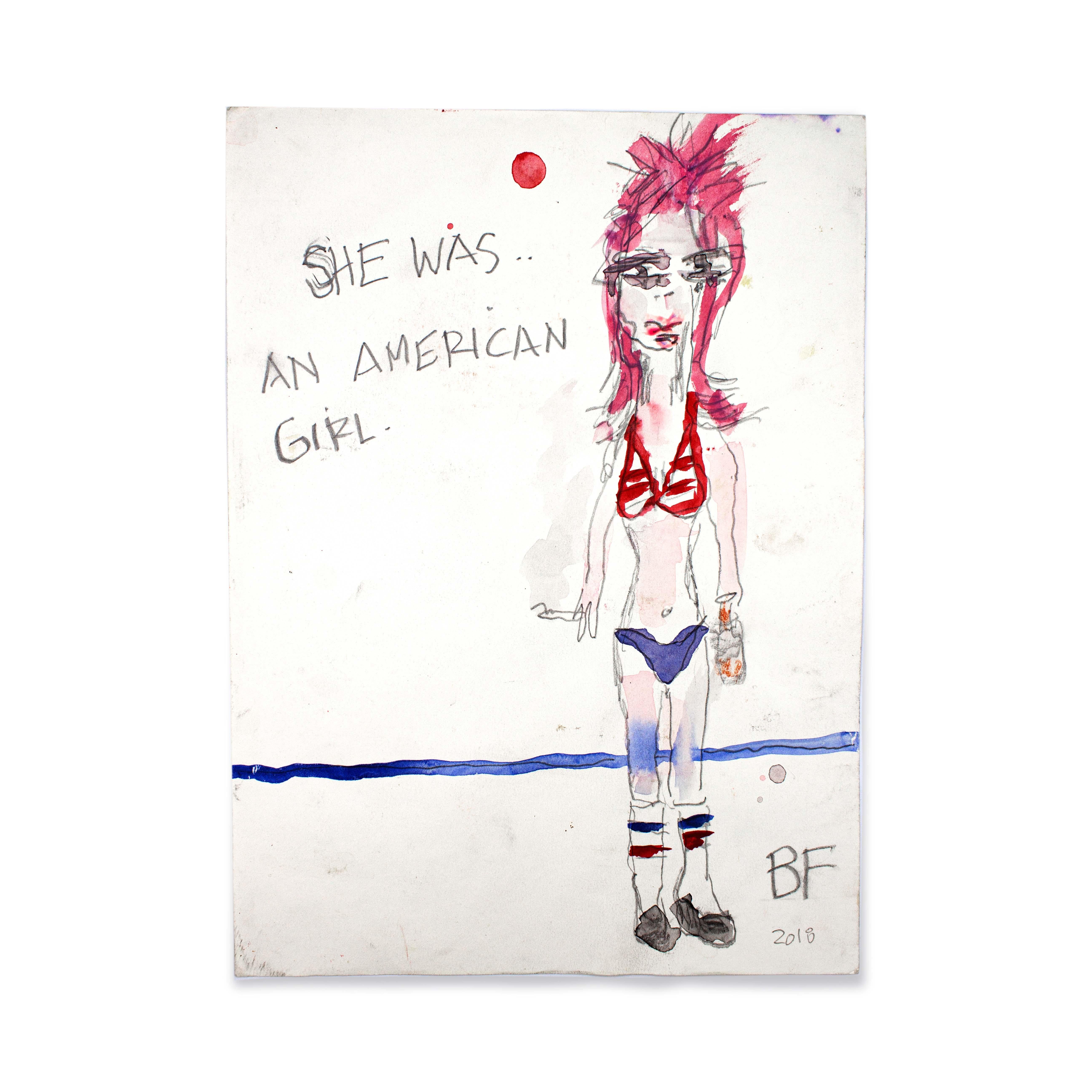 Amerikanisches amerikanisches Mädchen, Graphit-Tinte-Gemälde, japanisches Aquarell auf Papier von Brad Fisher